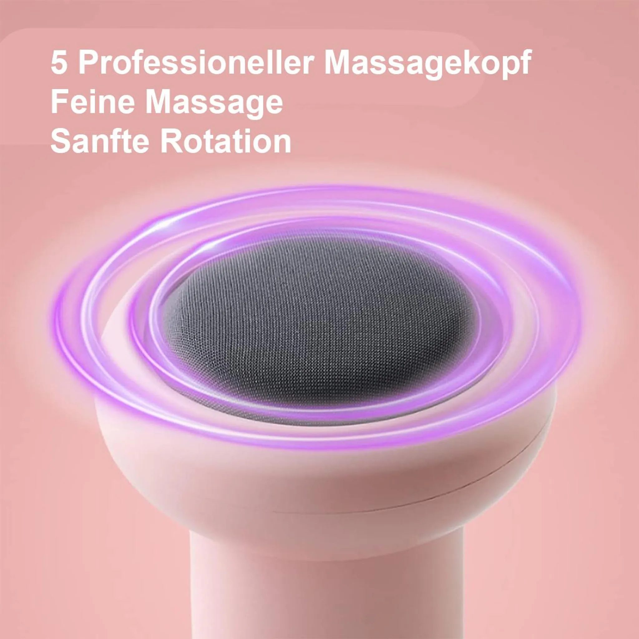 Ein pinker Massagekopf mit texturierter grauer Oberfläche und leuchtenden lila Ringen.