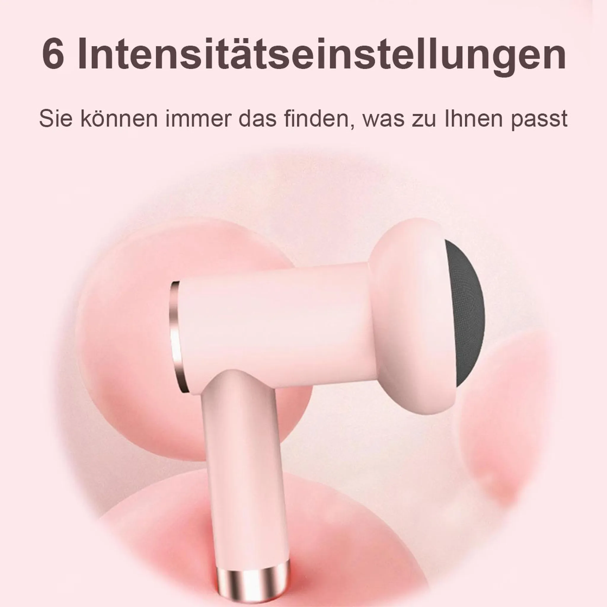 Ein rosa Kopfhörer mit silbernen Akzenten und Text darüber.