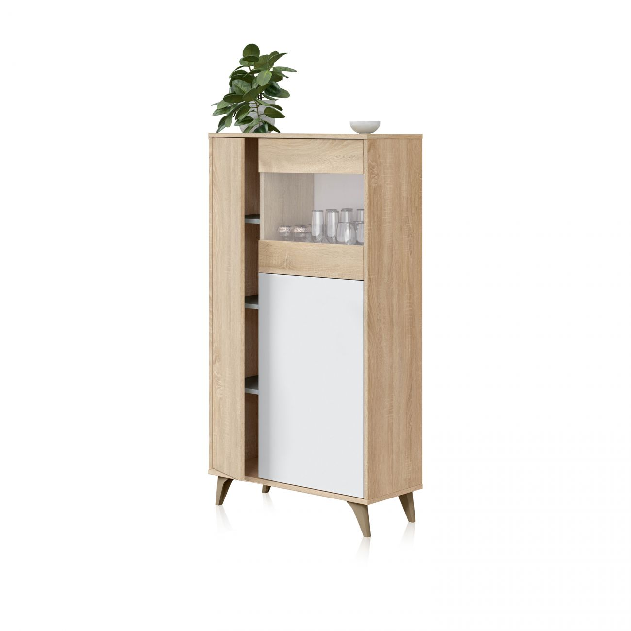 Un armario de madera clara con puertas blancas y frente de cristal, decorado con planta.