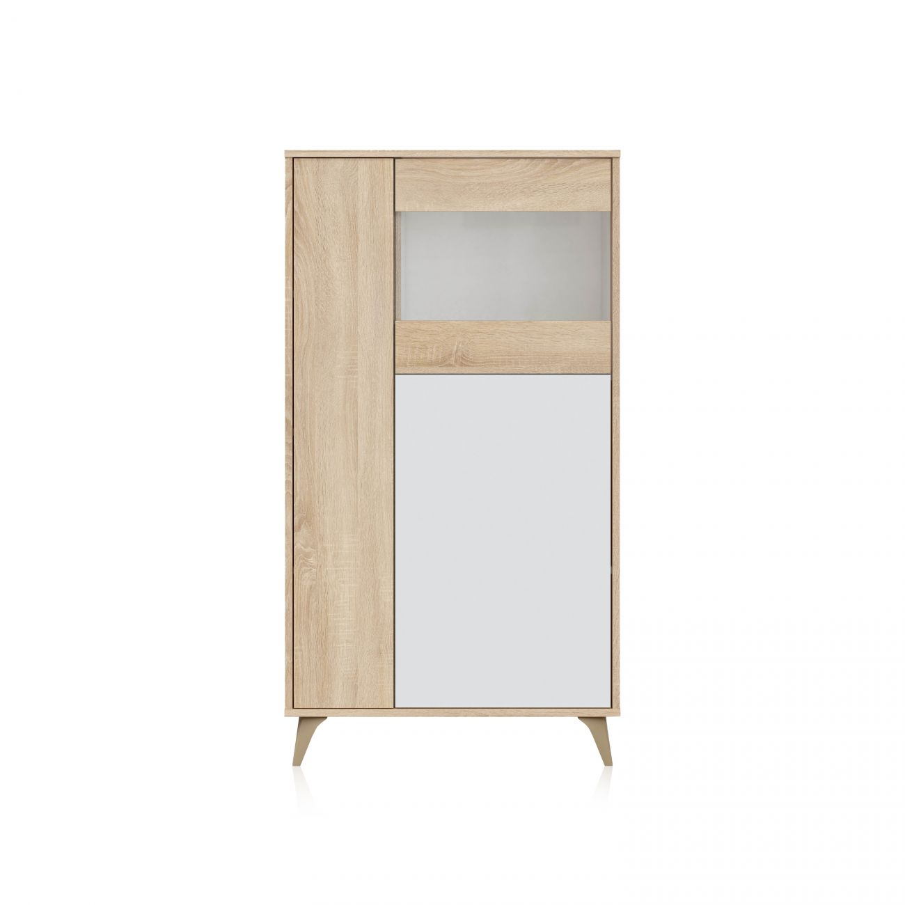 Un armario con vetas de madera y superficies blancas.