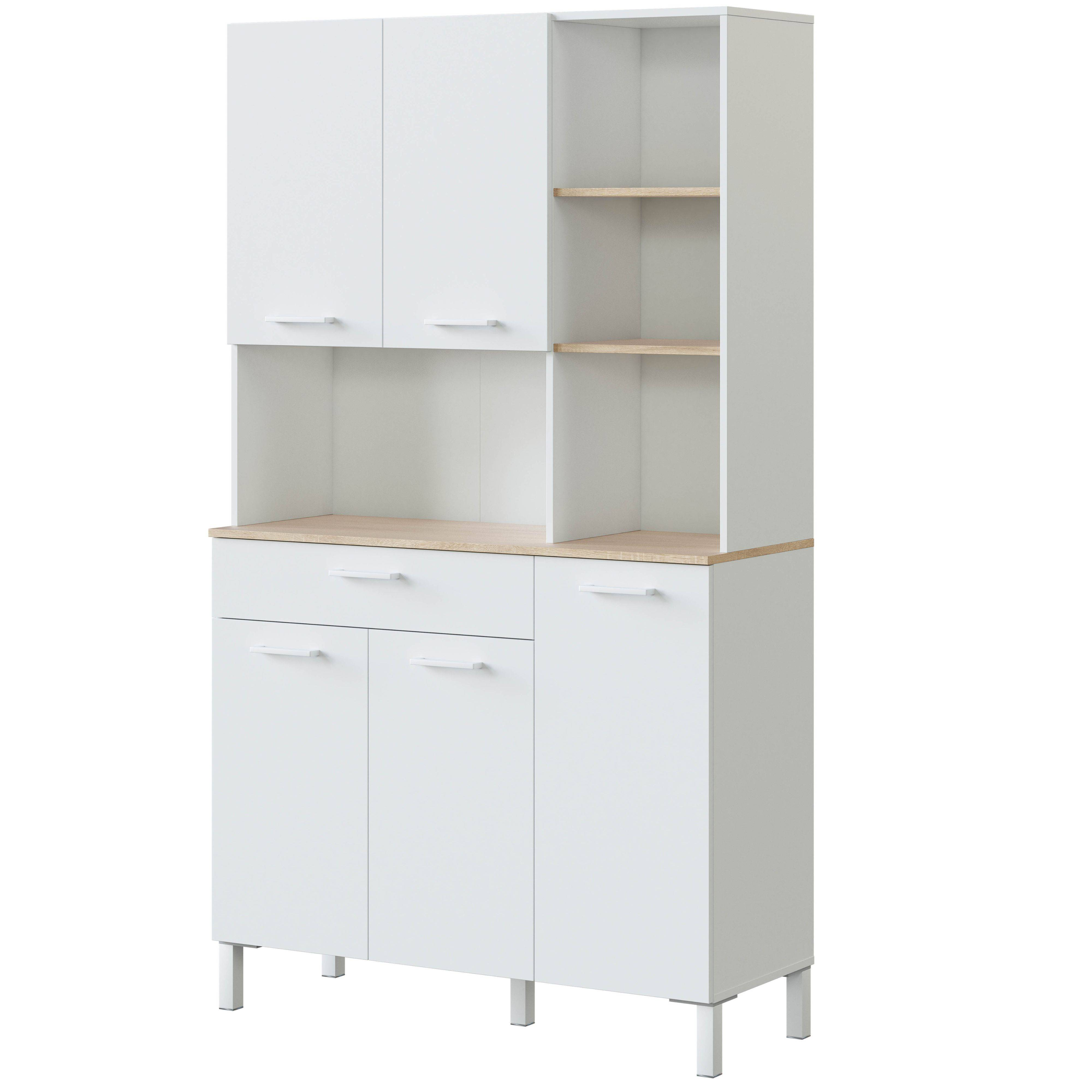 Un mueble de cocina blanco con encimera de madera, estantes y cajones.