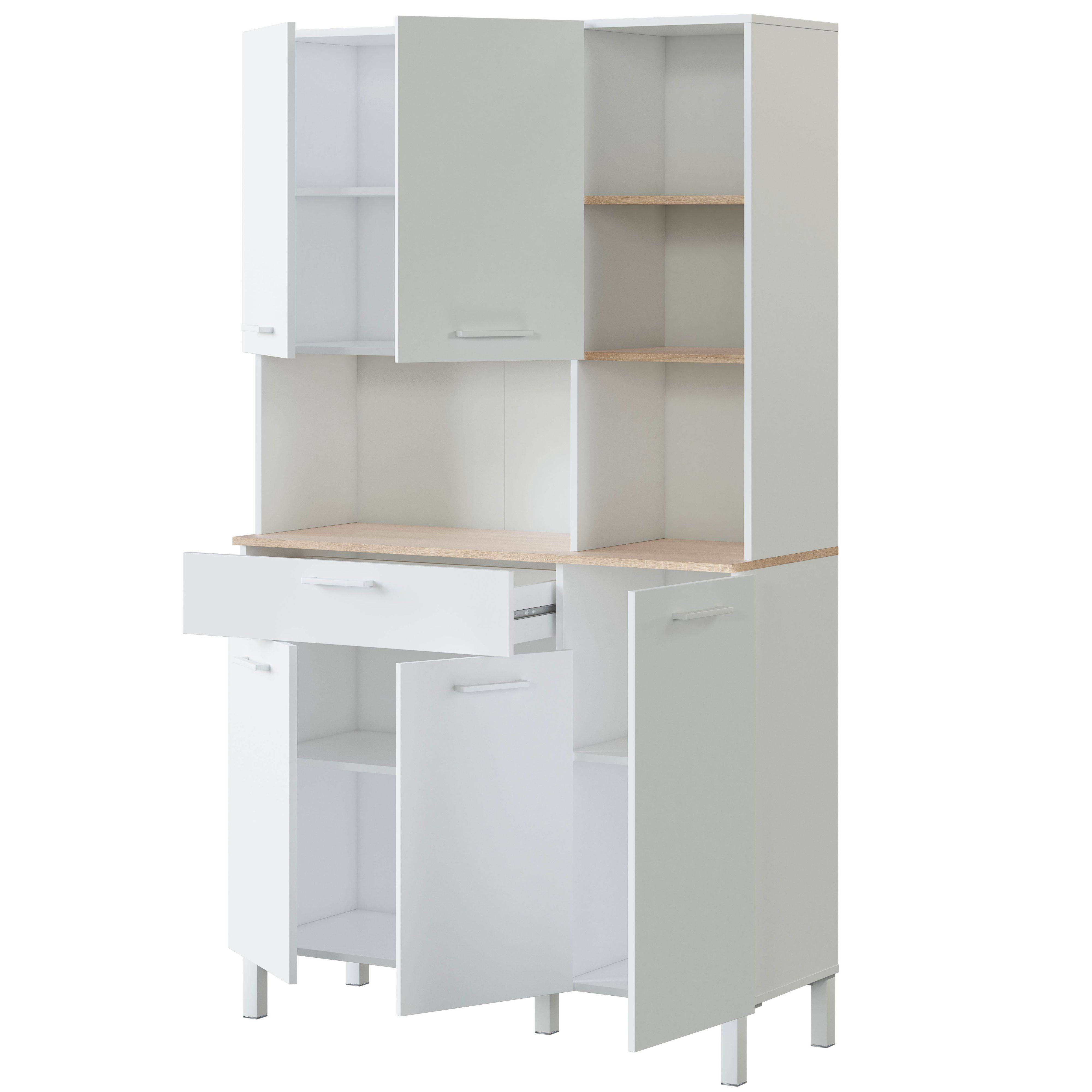 Un armario de cocina blanco con puertas y cajones abiertos, estantes de madera.