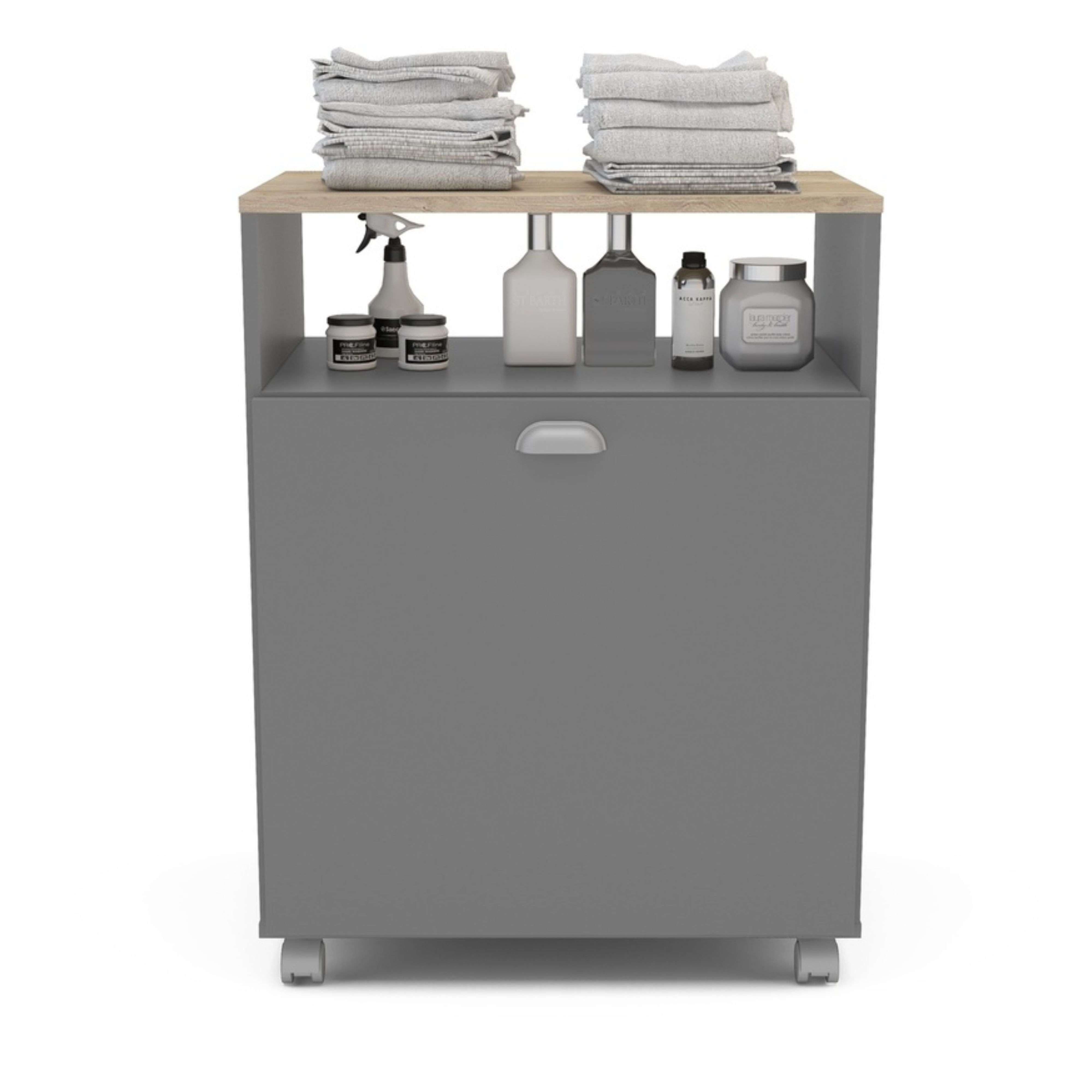 Carrito de lavandería gris con tapa de madera y productos.