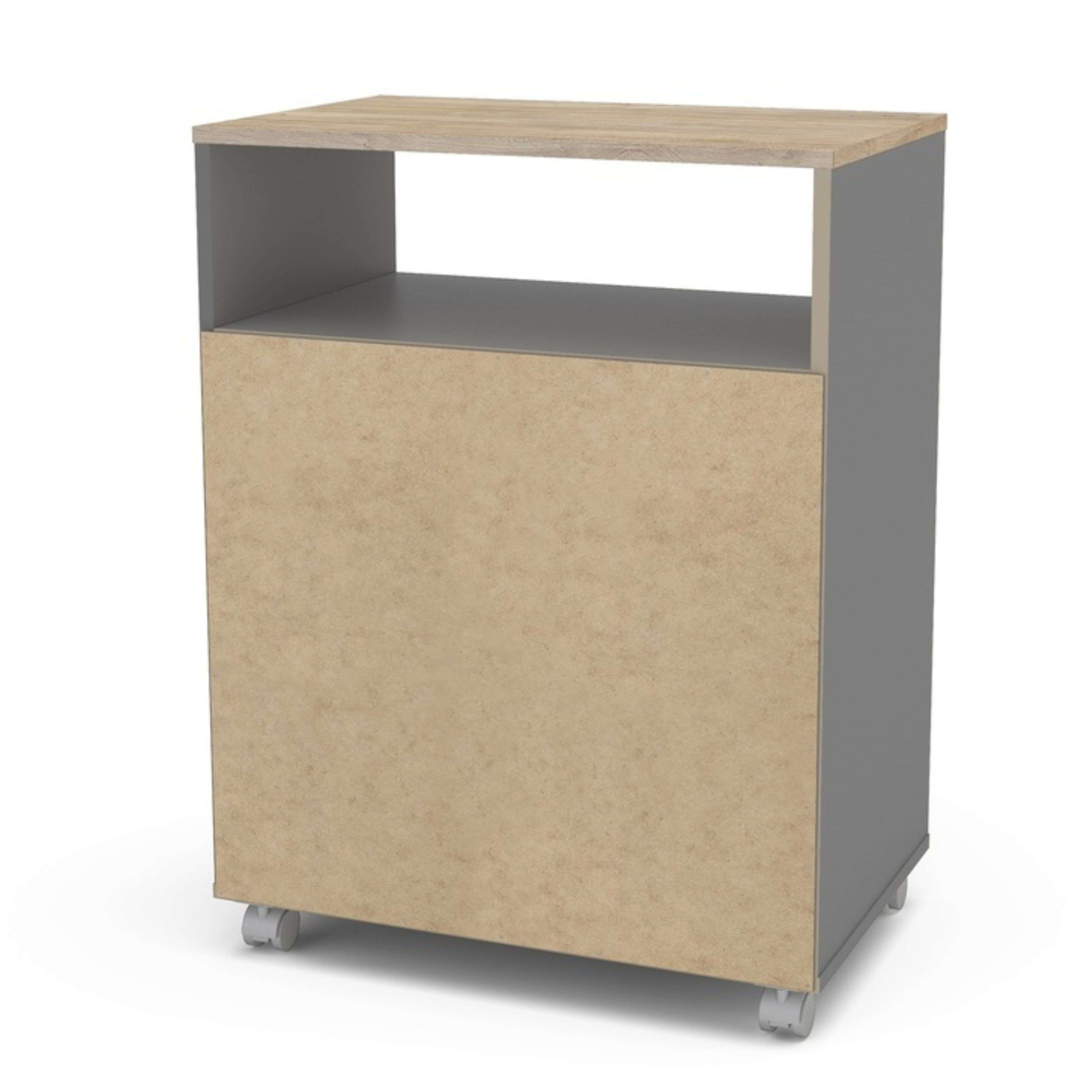 Gabinete gris con tapa de madera y ruedas.