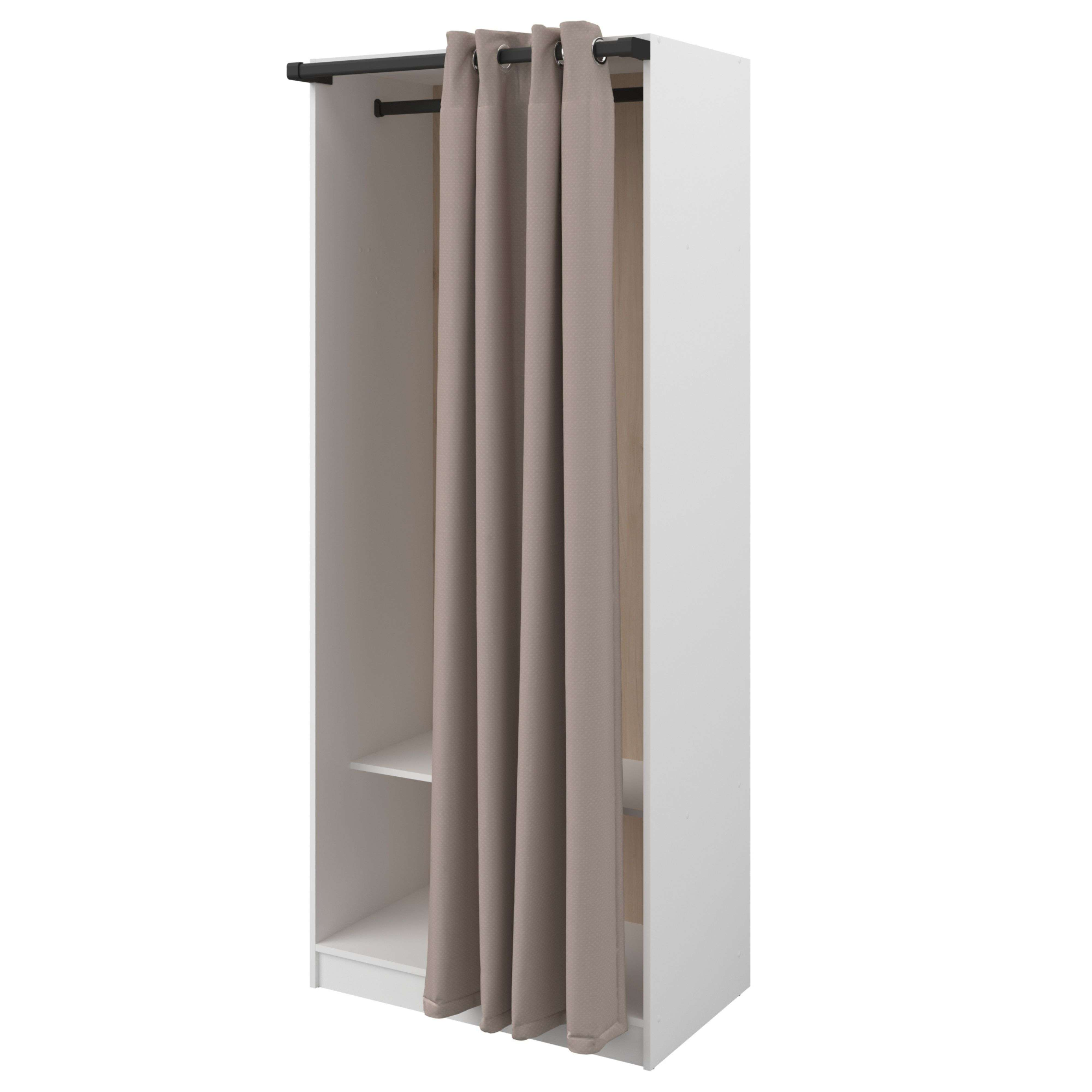 Un armario blanco con barra de ropa y cortinas grises.