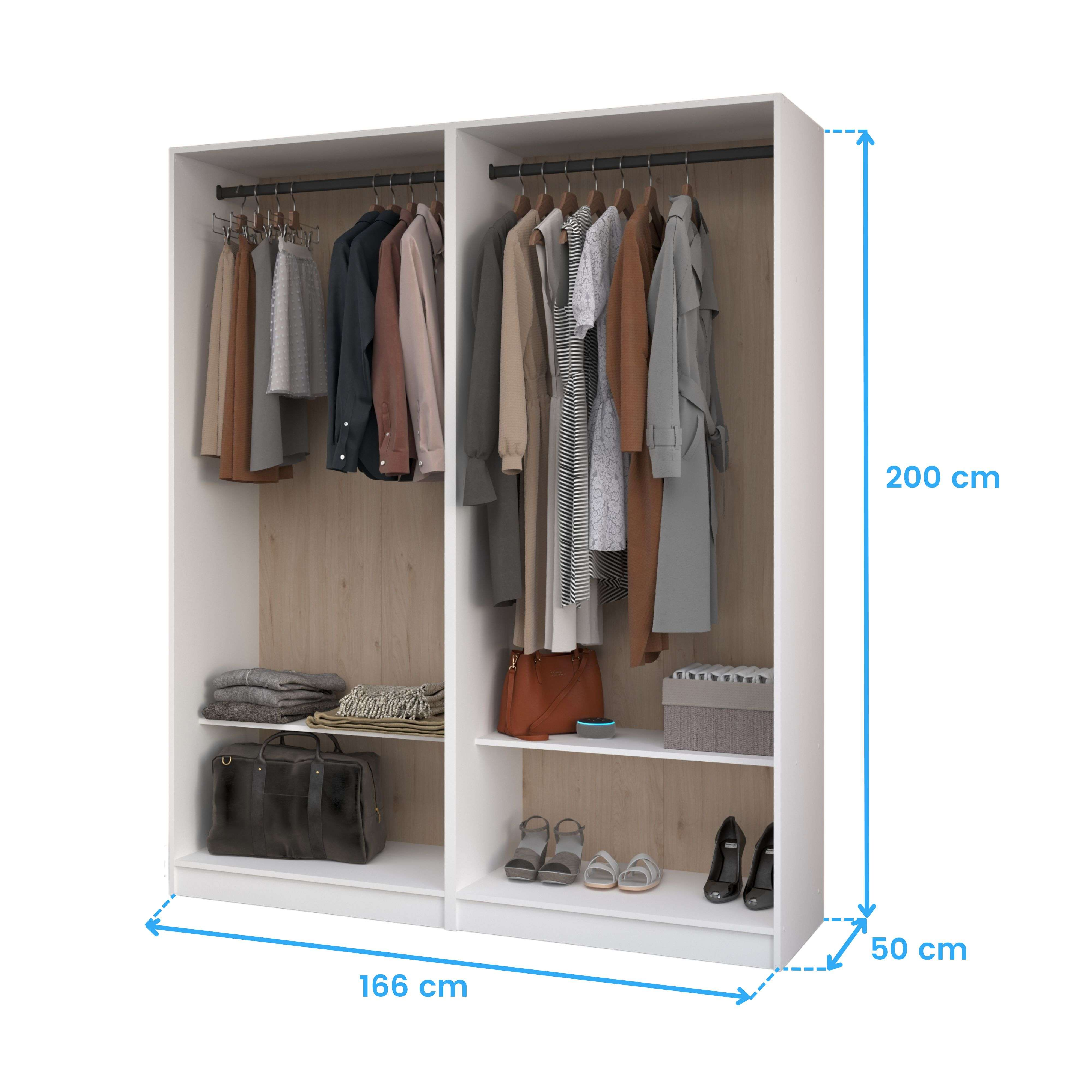 Un armario blanco con ropa, bolsos y zapatos. Dimensiones: 166x50x200cm.