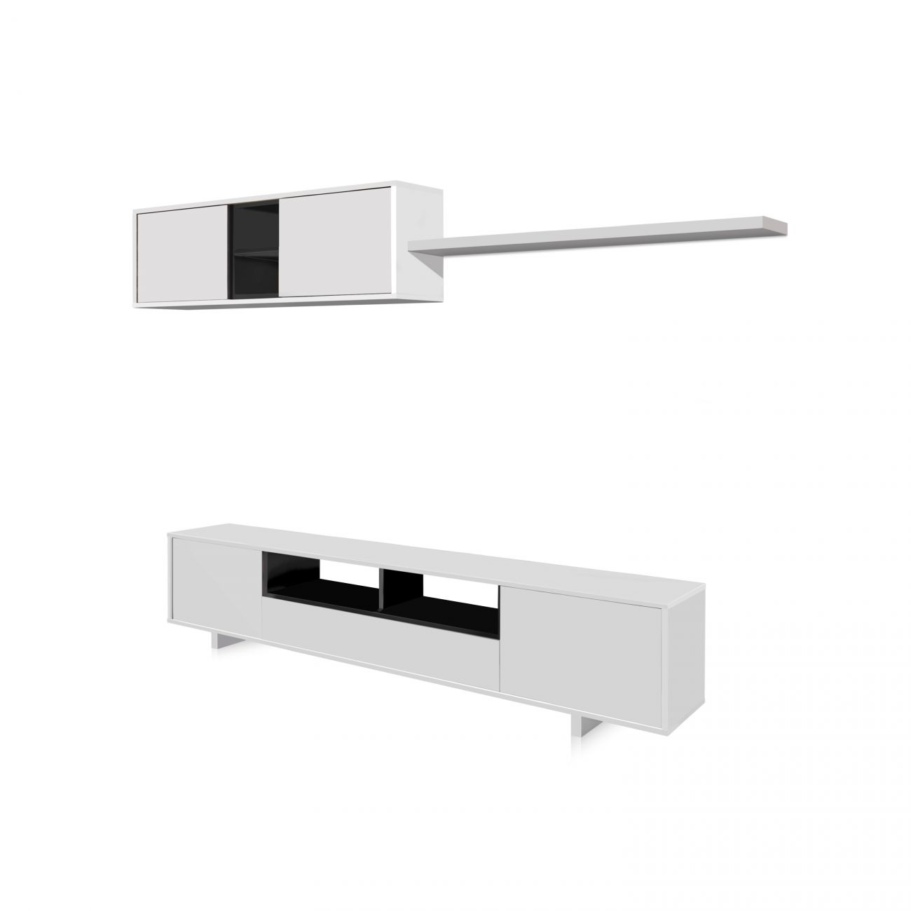 Un mueble blanco de pared con estante sobre un mueble de TV blanco.