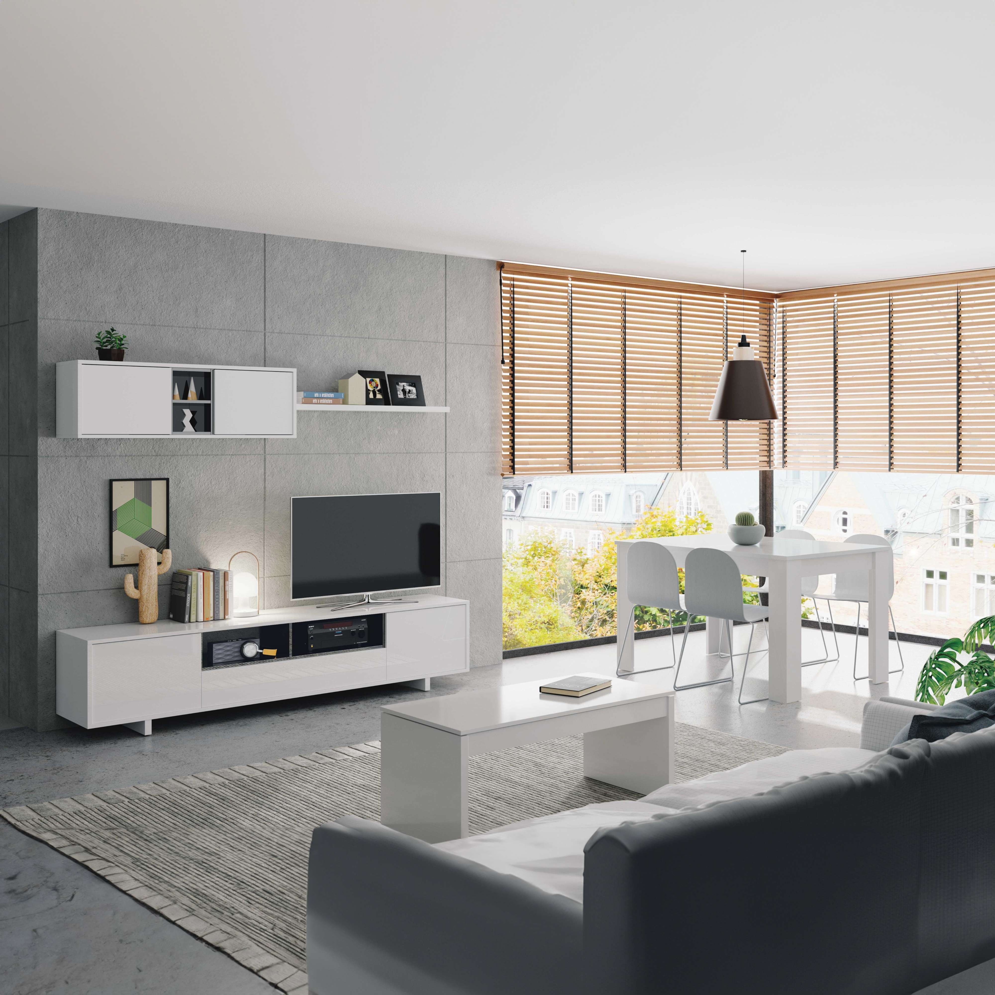Sala de estar moderna con comedor, muebles blancos, paredes de hormigón gris y suelo de madera.