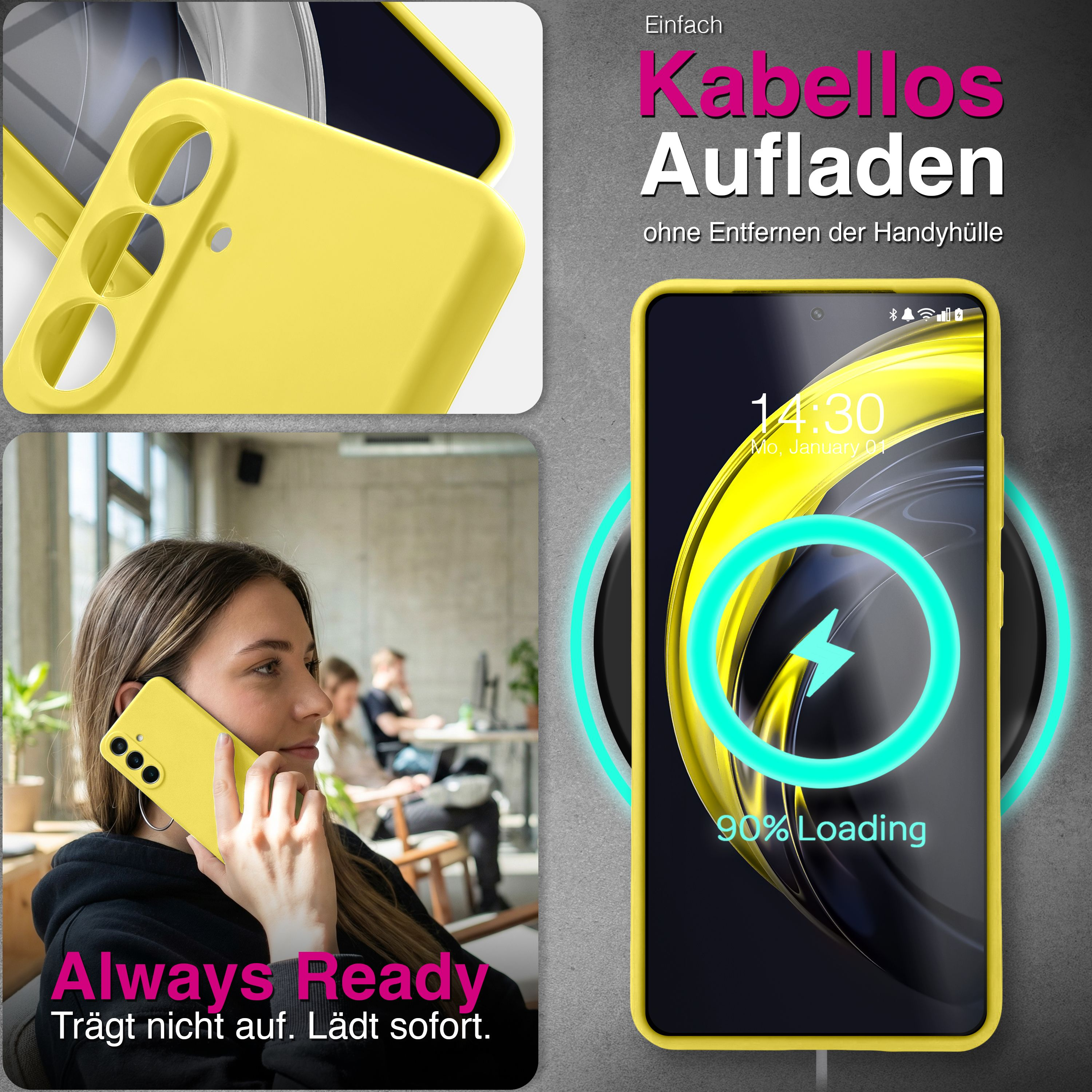 Gelbe Handyhülle lädt kabellos auf. Frau telefoniert. Uhrzeit 14:30.