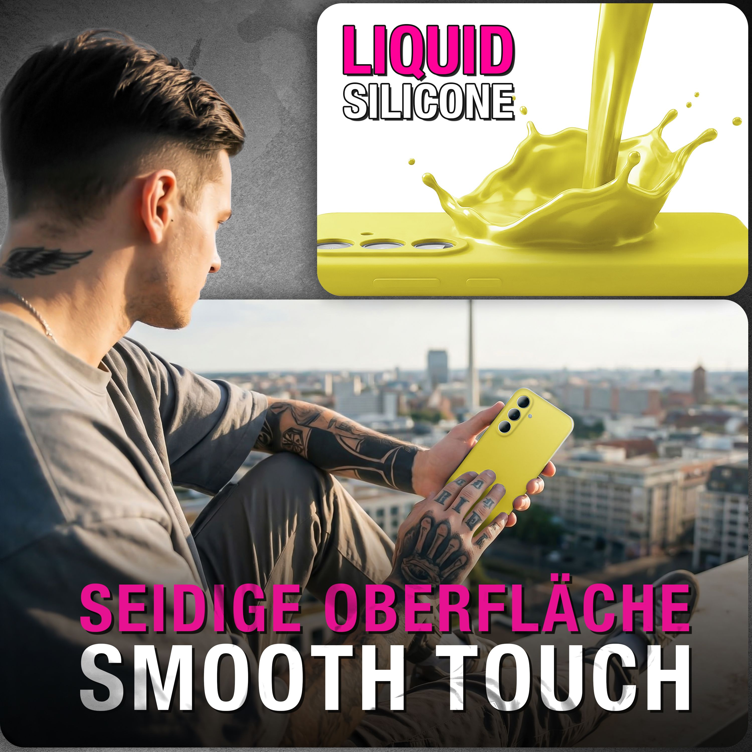 Mann mit Tattoos hält ein gelbes Handy, flüssiges Silikon wird darauf gegossen.