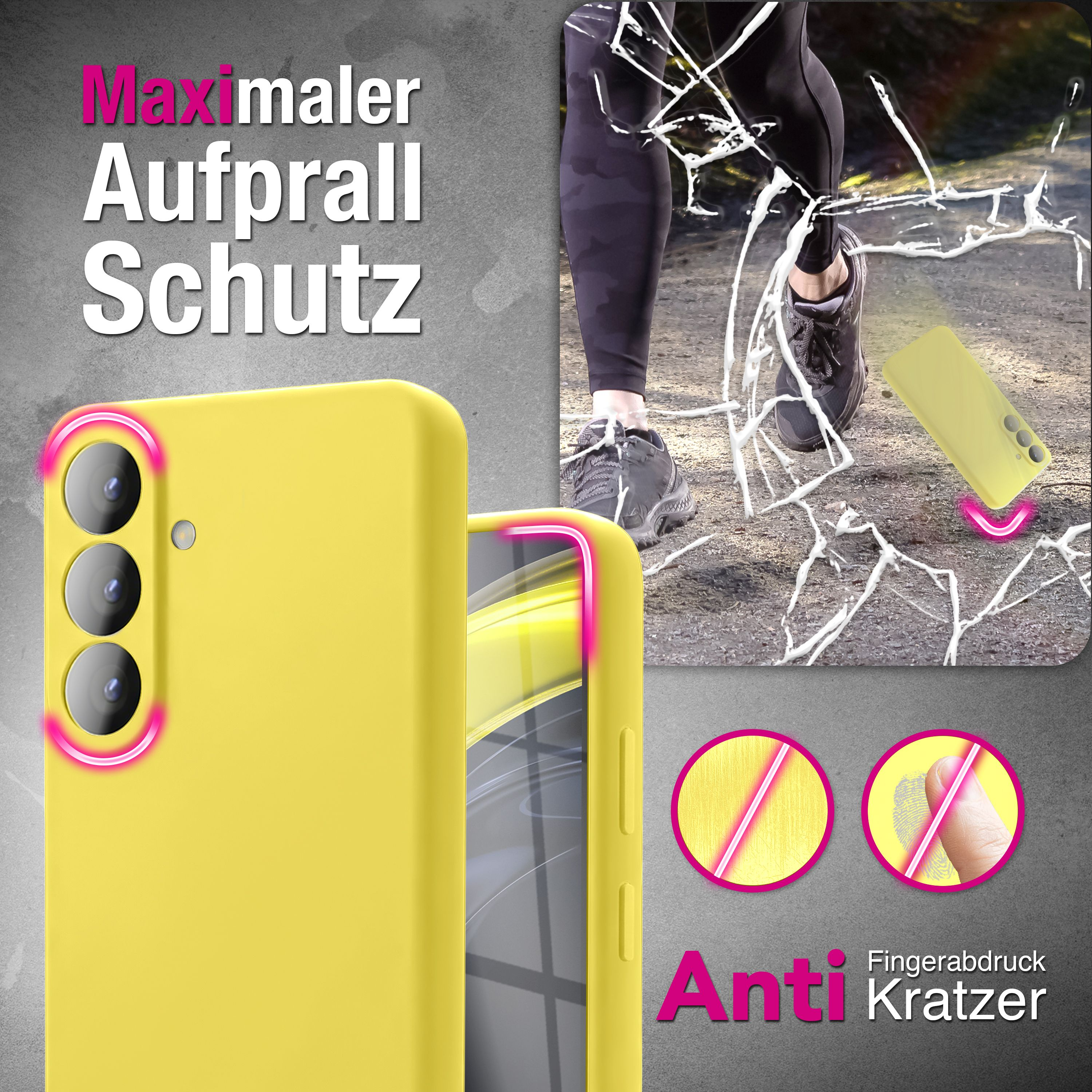 Gelbes Handycase mit Kameras und einem Bein, das auf zerbrochenes Glas tritt.