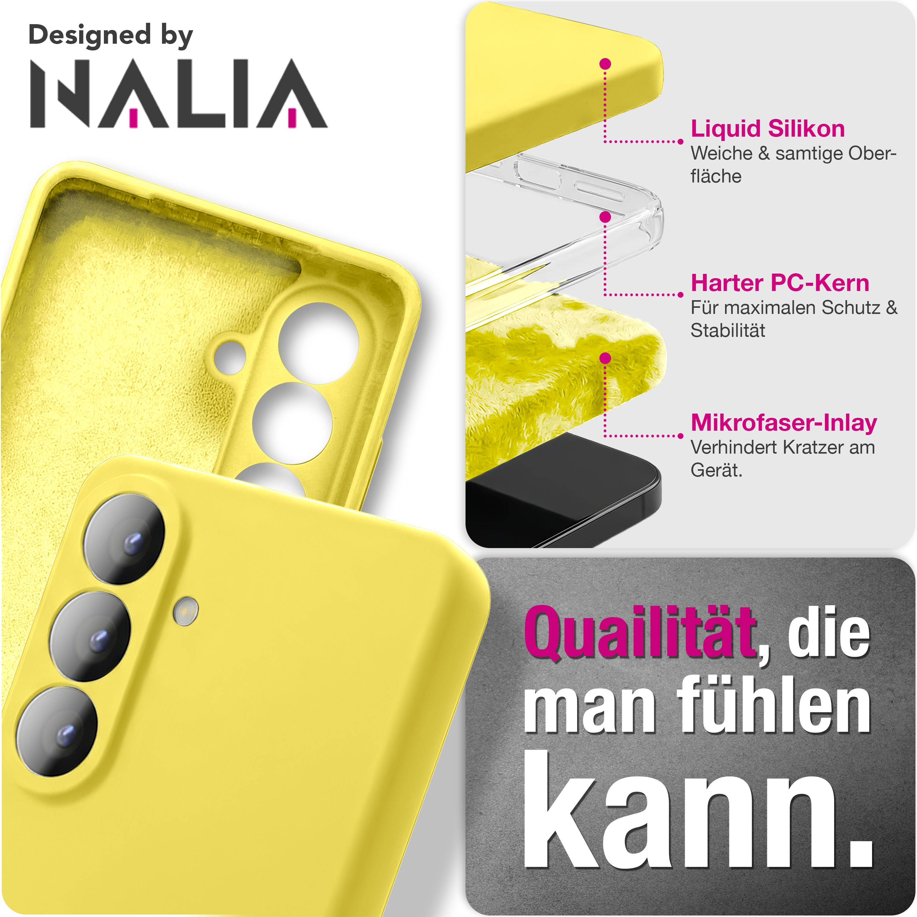 Gelbe Silikonhülle für Handy mit Kameradurchbruch und Nalia-Logo.