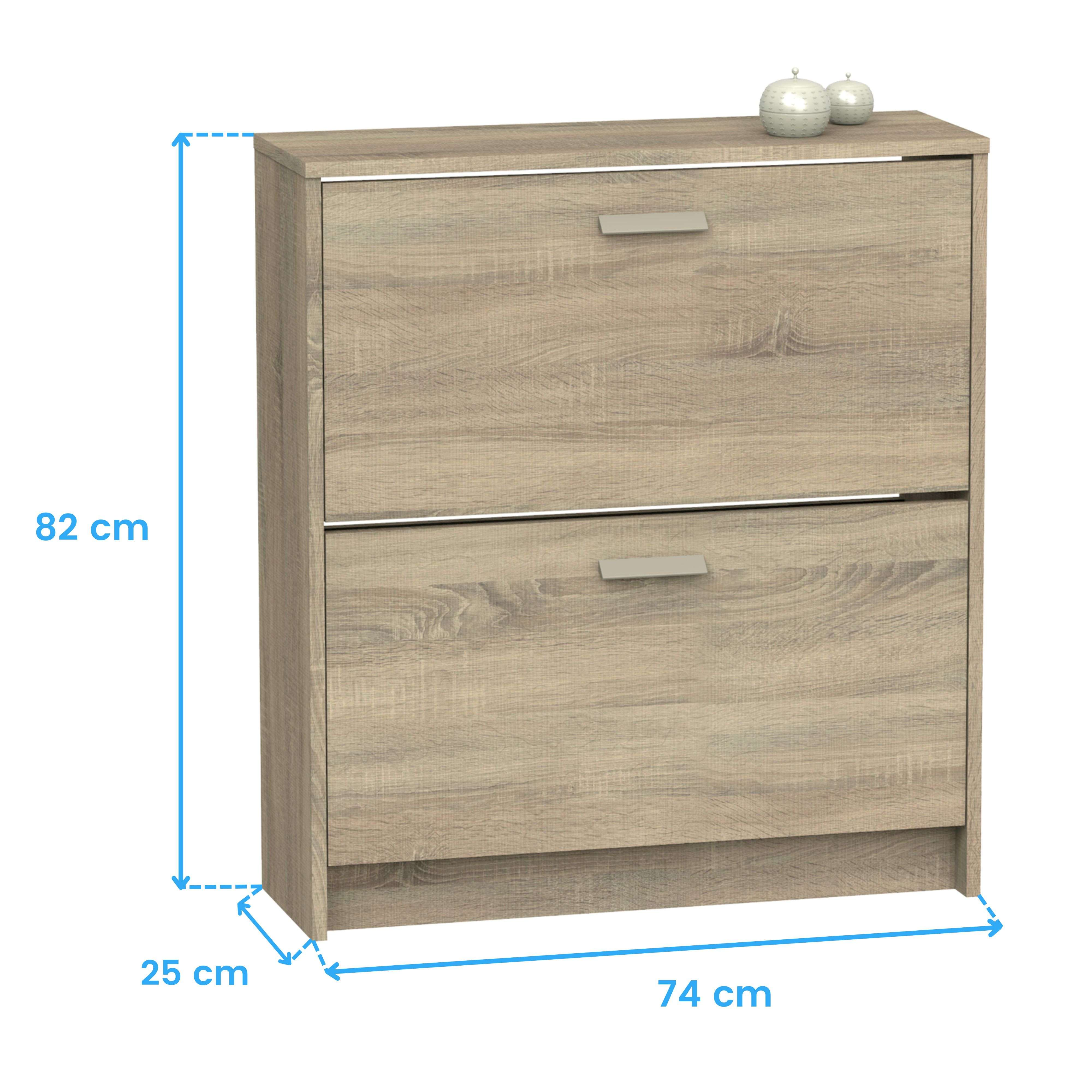 Mueble de madera marrón claro con dos cajones y tiradores plateados. Medidas: 82x74x25cm.