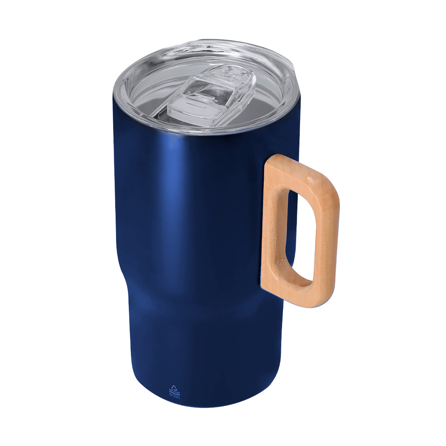 Dunkelblaue Thermotasse mit Holzgriff und durchsichtigem Deckel.