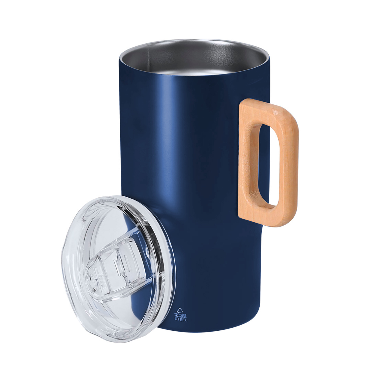 Dunkelblaue Thermotasse mit Holzgriff und durchsichtigem Deckel.