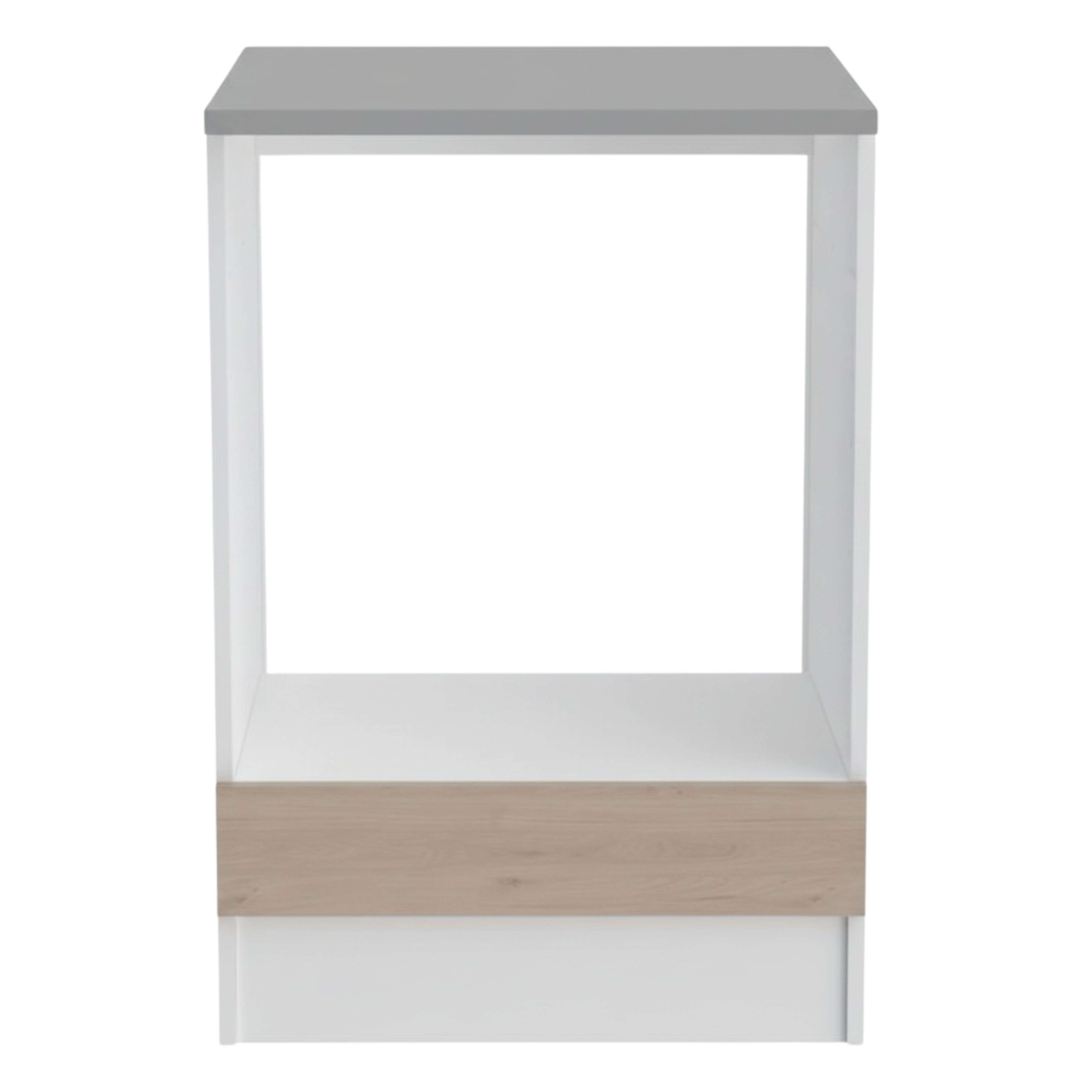 Marco blanco con tapa gris y panel frontal de madera.