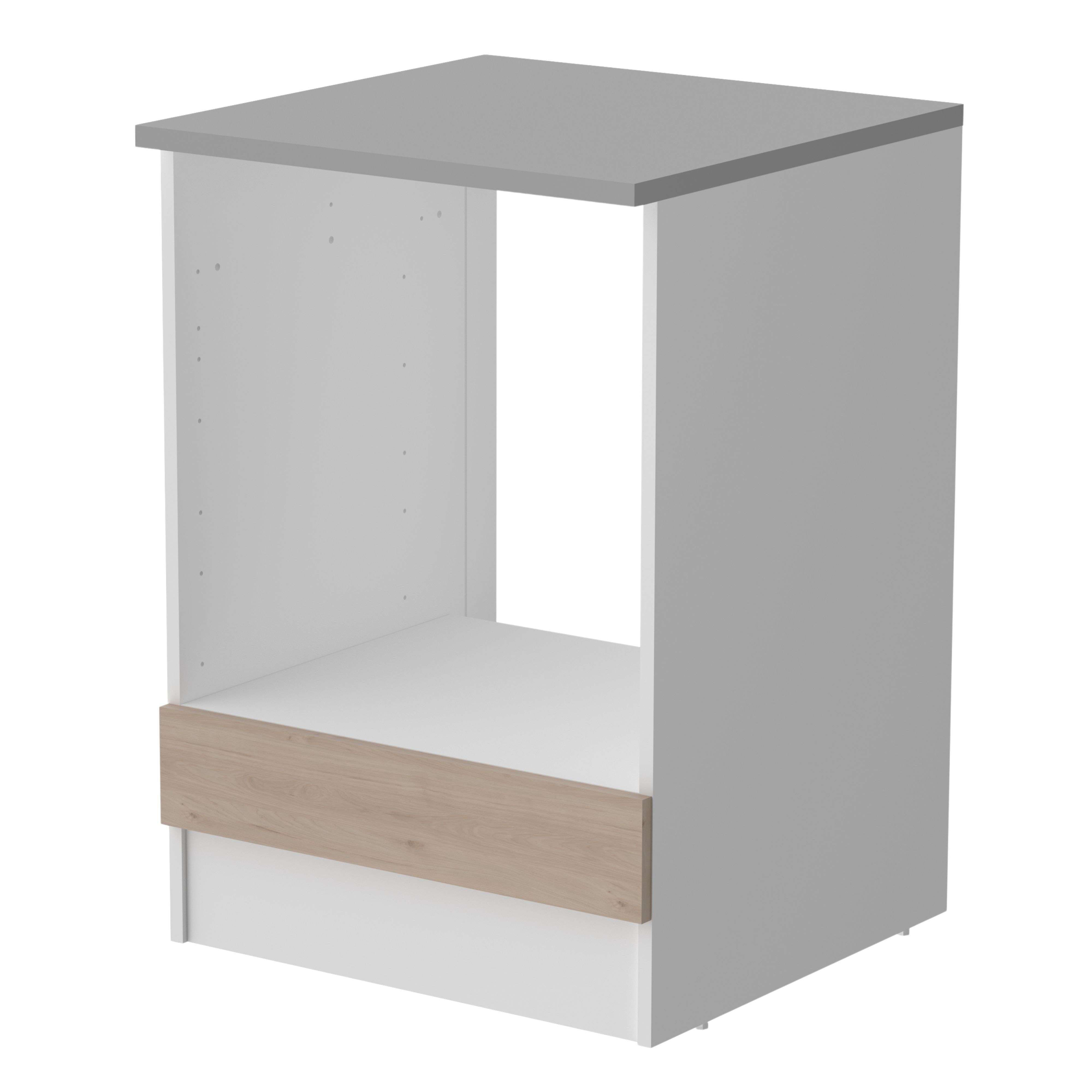 Un mueble de cocina gris con apertura para electrodoméstico y cajón.