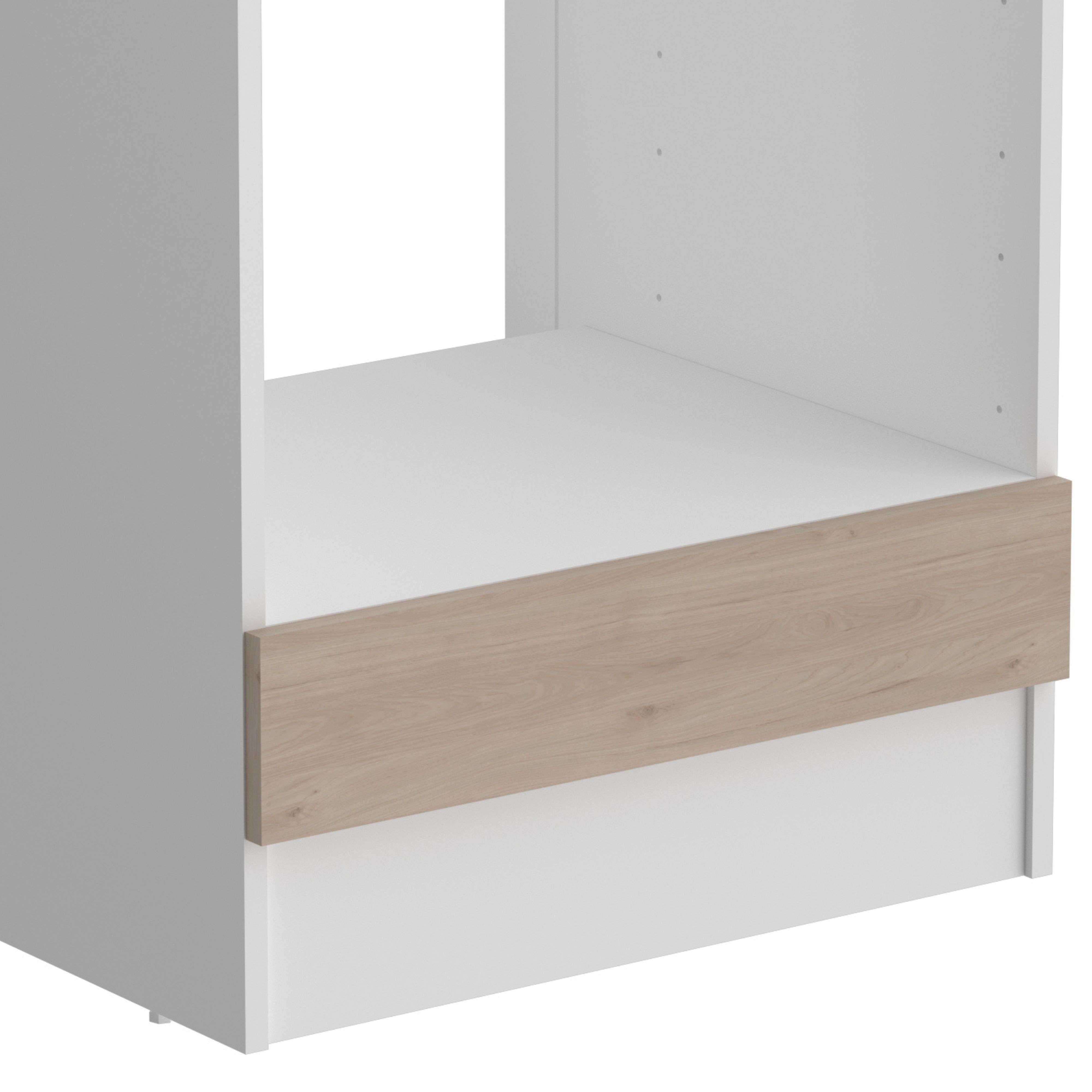 Un armario blanco con frente de cajón efecto madera y laterales grises.