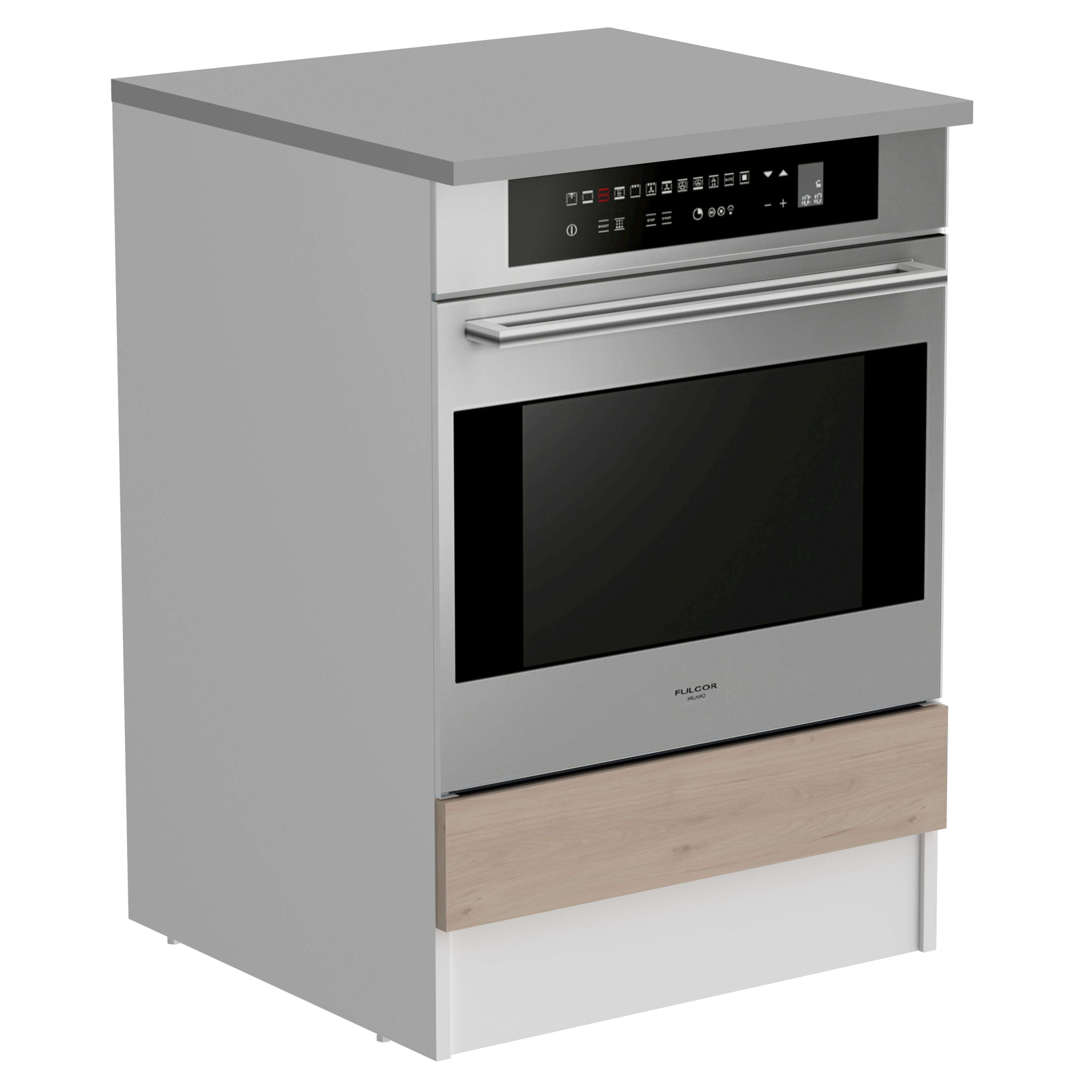 Horno empotrable moderno en aspecto de acero inoxidable con ventana de visualización negra.