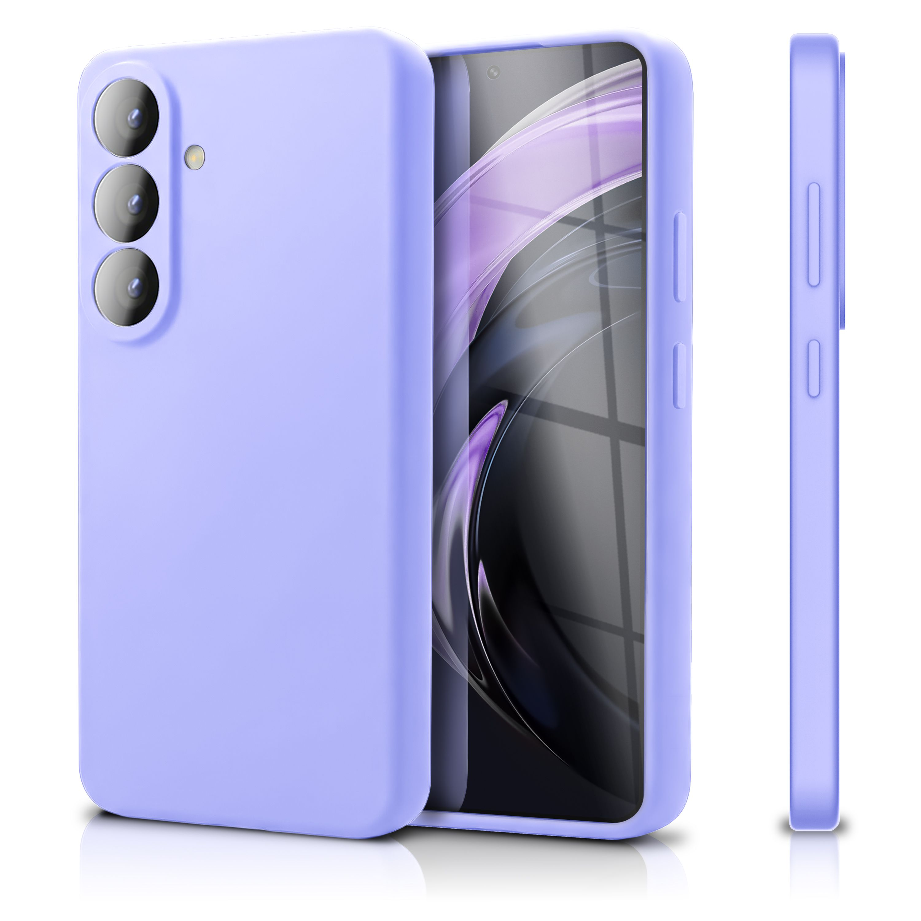 Ein lavendelfarbenes Smartphone mit Kameras und einem seitlichen Profil.