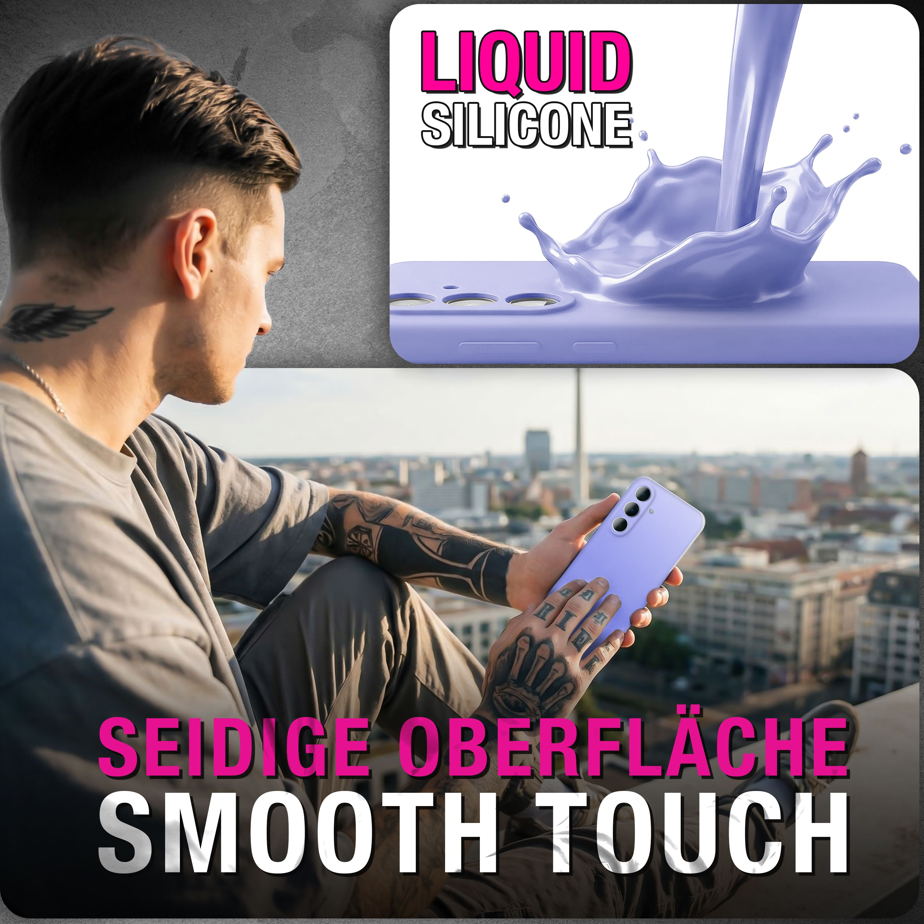 Mann mit Tattoos hält ein lila Handy vor einer Stadtkulisse. Flüssiges Silikon.