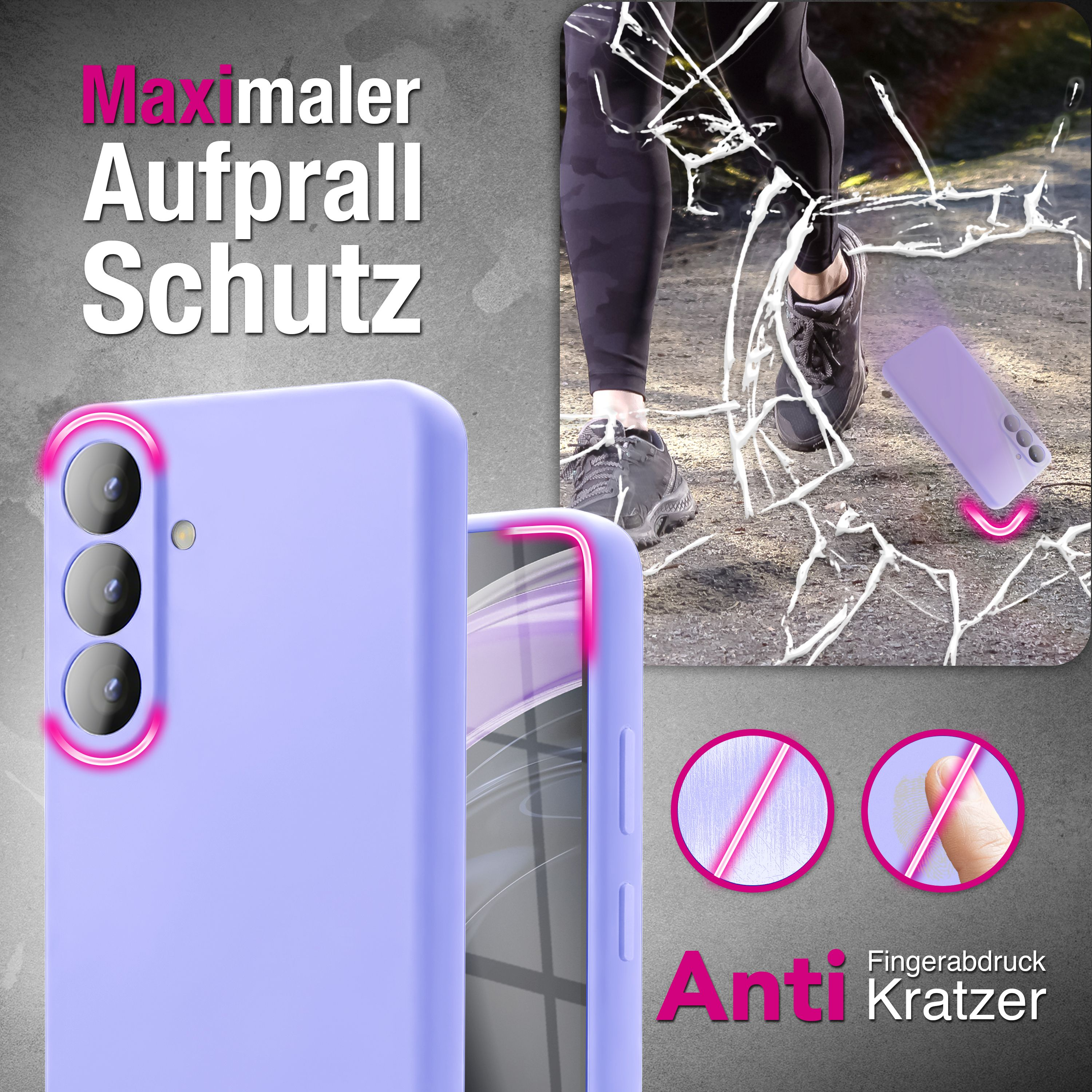 Lila Handyhülle mit maximalem Aufprallschutz. Zeigt Sturz und Kratzschutz.