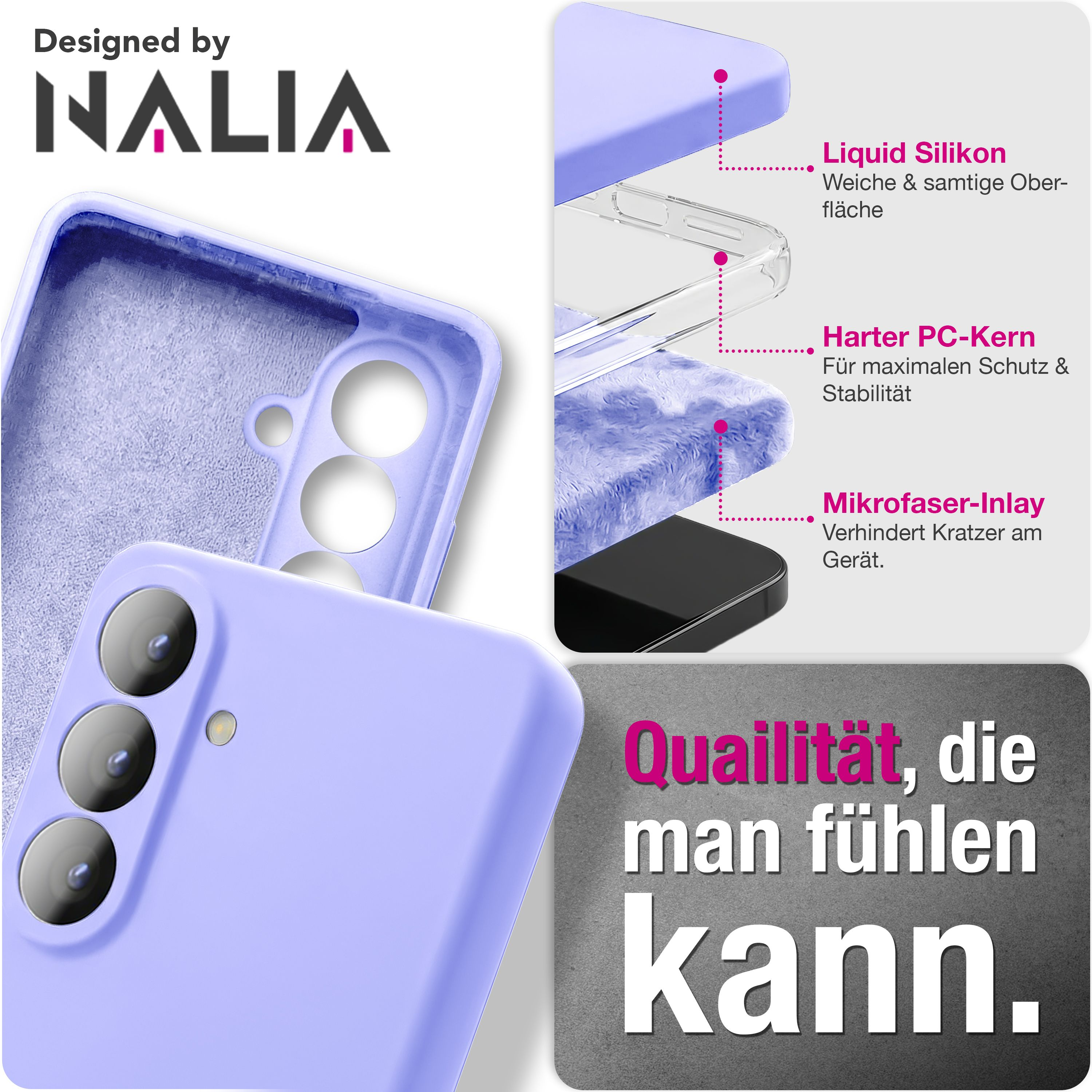 Lila Schutzhülle mit Mikrofaser-Inlay, Liquid Silikon und Hart-PC-Kern.