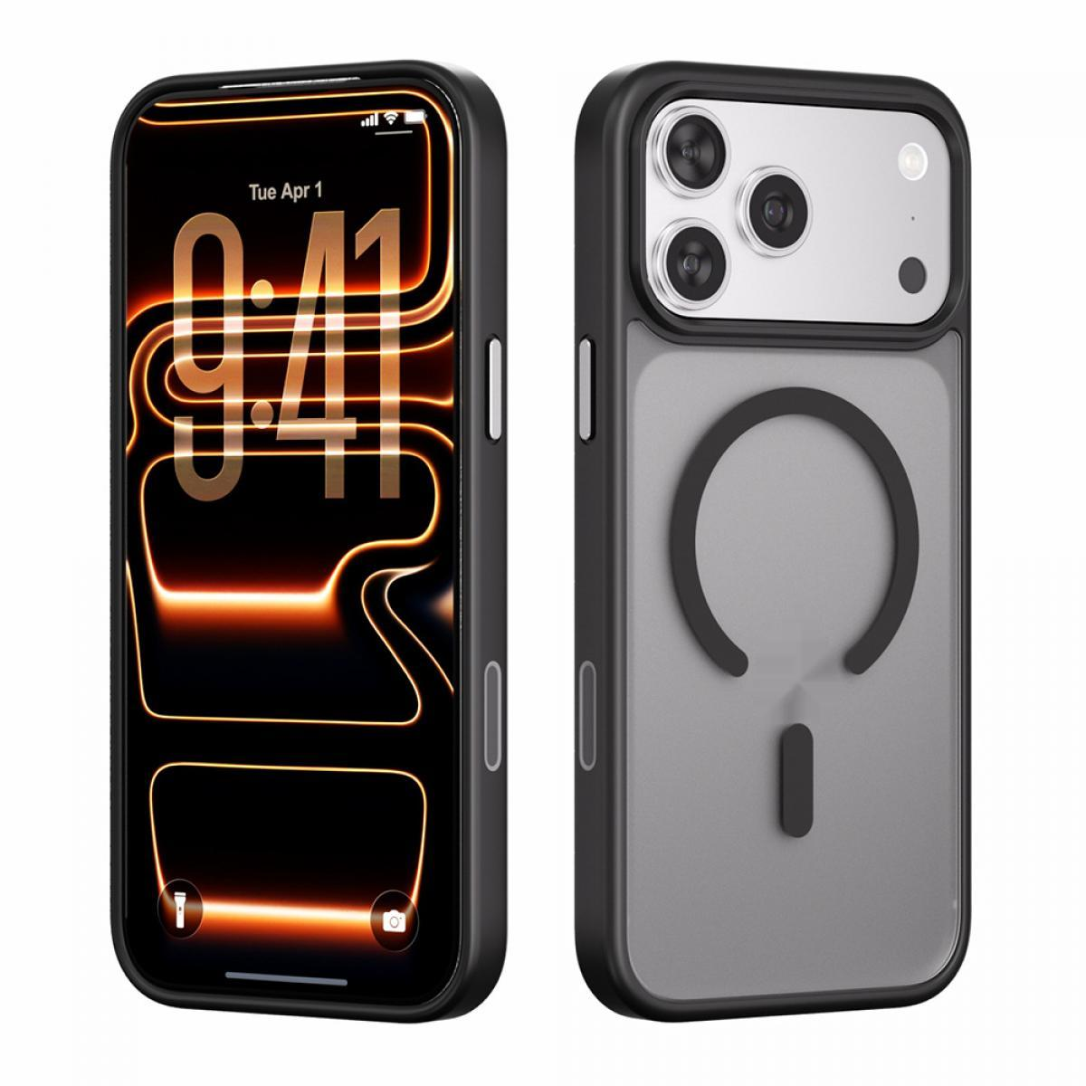 Ein Smartphone mit schwarzem Gehäuse und leuchtender Anzeige. Rückseite mit drei Kameras und Kreis-Muster.