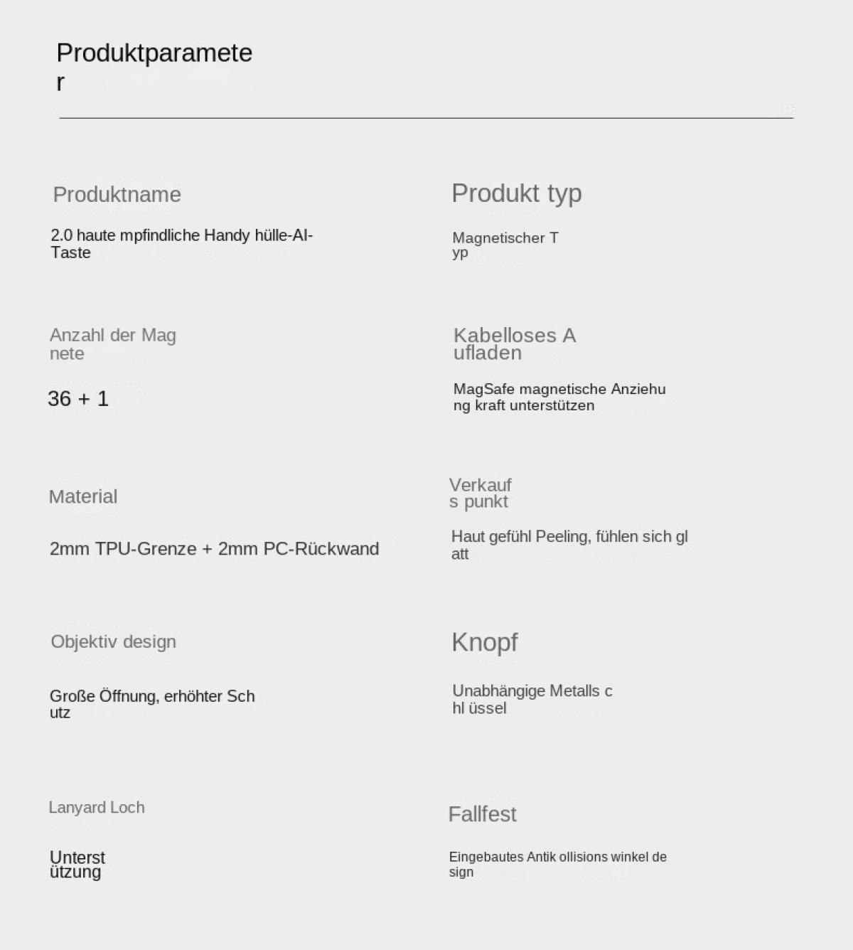 Produktdetails: Name, Magnettyp, Material, Knopf, Lanyardloch, Fallfest.