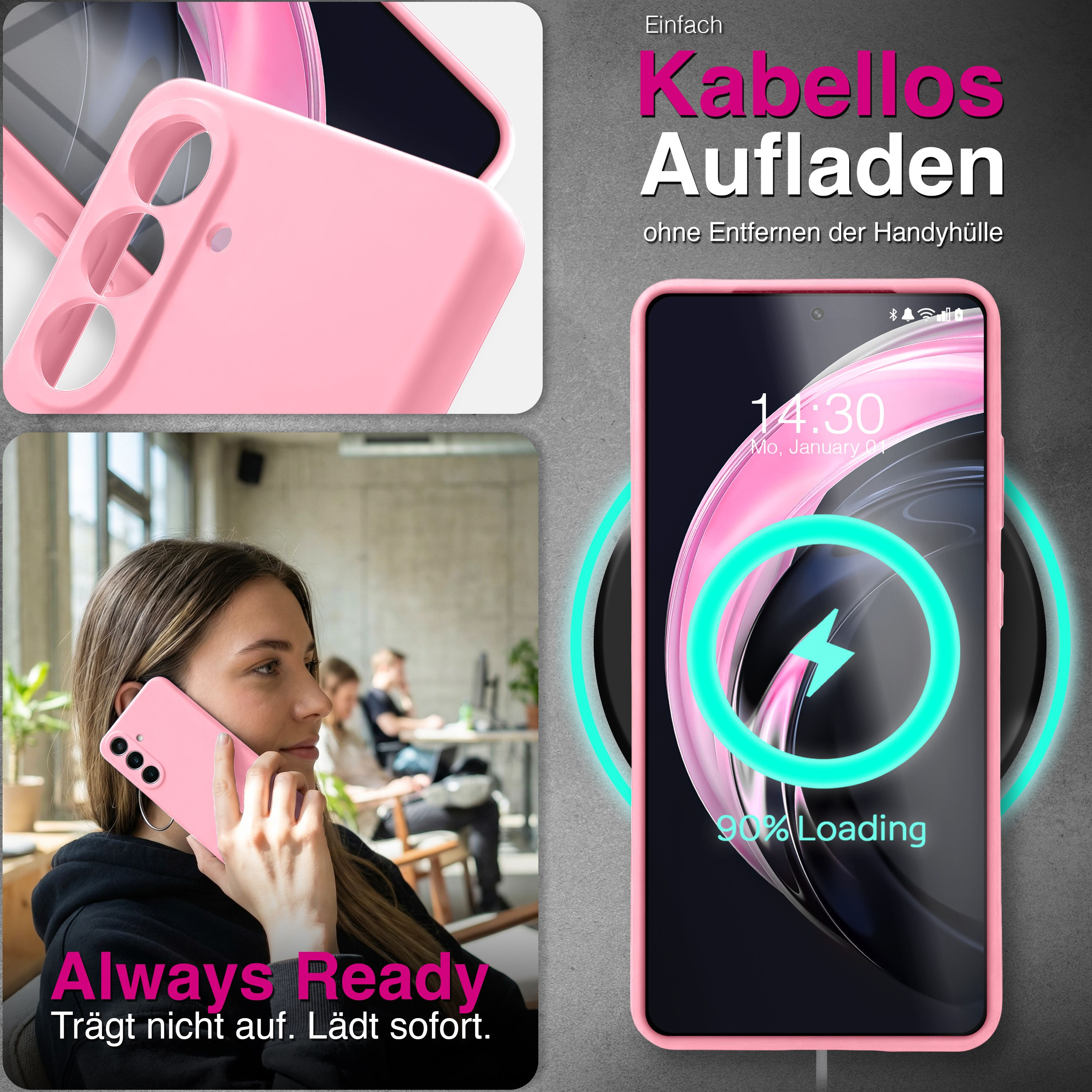 Ein Telefon in einer rosa Hülle lädt kabellos, eine Frau hält ein ähnliches Telefon. Text sagt „Kabellos Aufladen“.