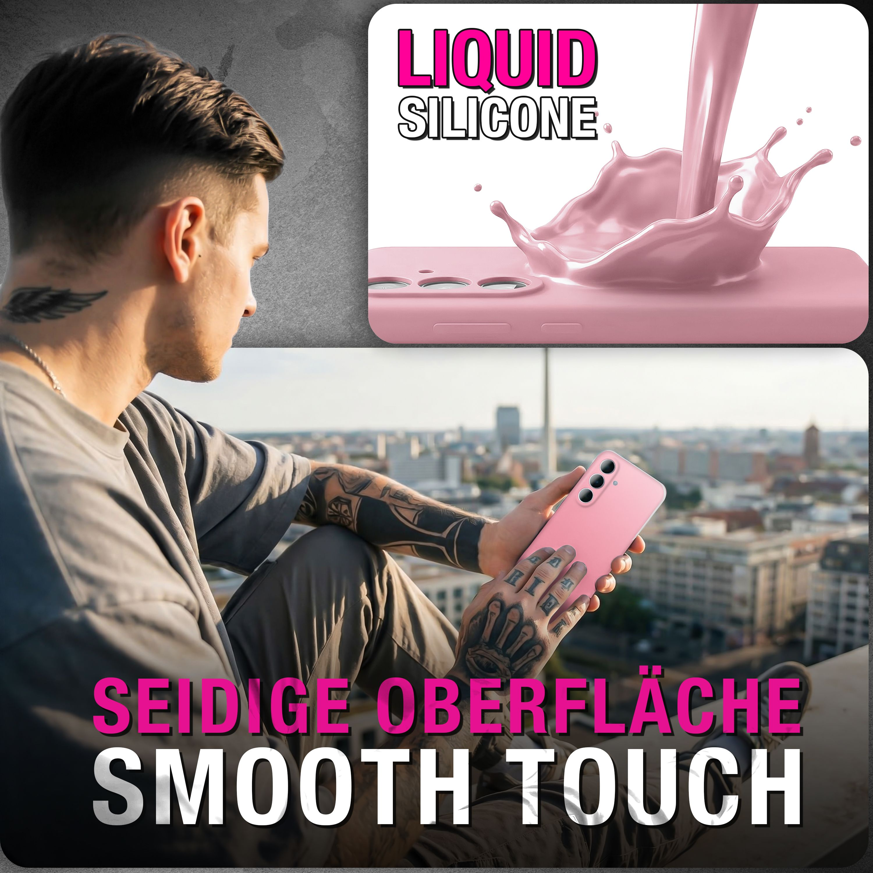 Mann mit Tattoos hält ein rosa Handy, flüssiges Silikon wird darüber gegossen.