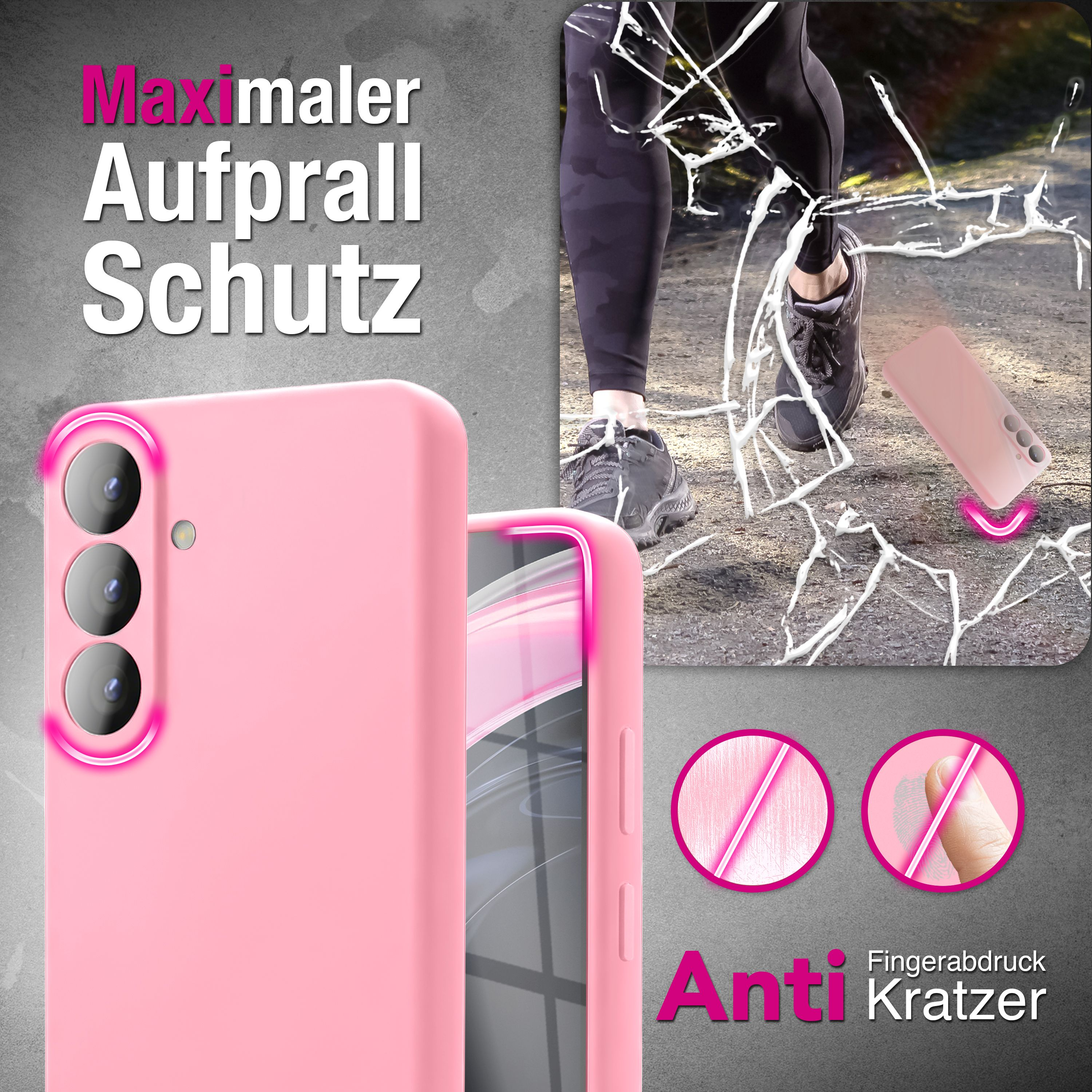 Pinke Handyhülle fällt auf zersplitterten Boden, maximaler Aufprallschutz.