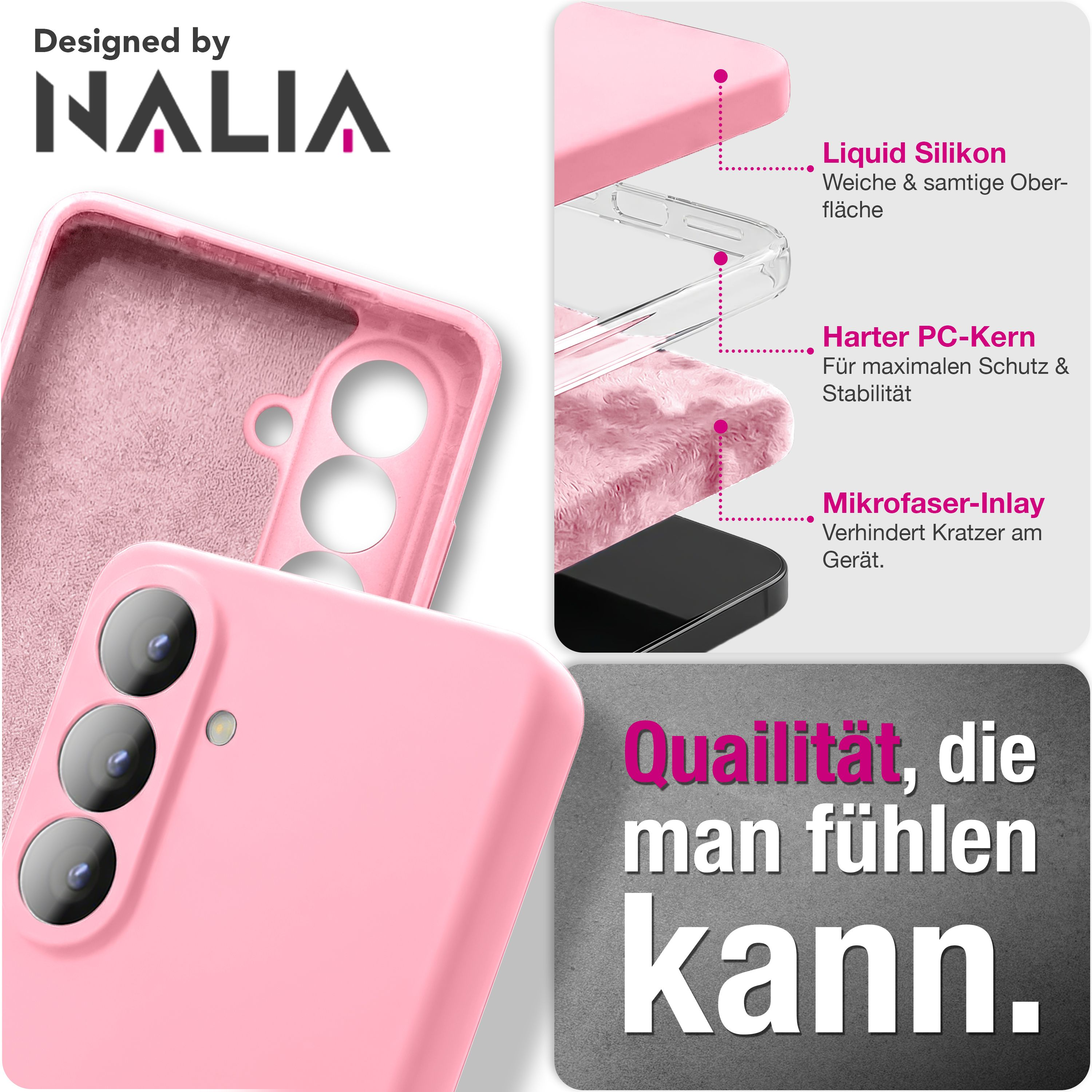 Rosa Handyhülle von Nalia mit Mikrofaser-Inlay und hartem PC-Kern.