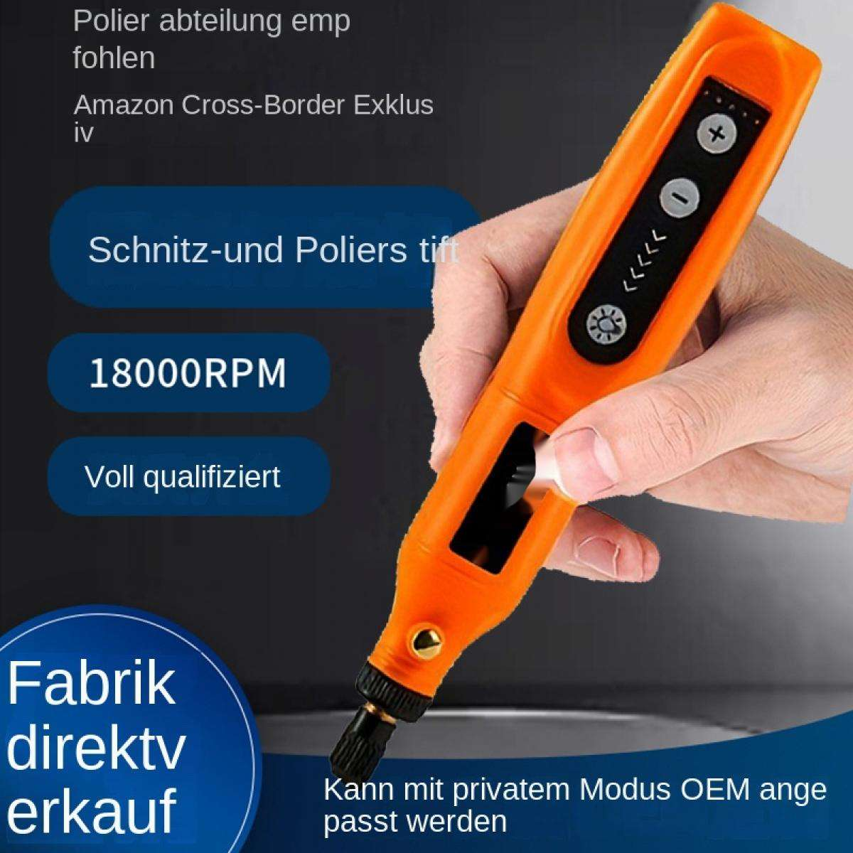 Eine orangefarbene Schleifmaschine mit Bedienelementen wird in der Hand gehalten.