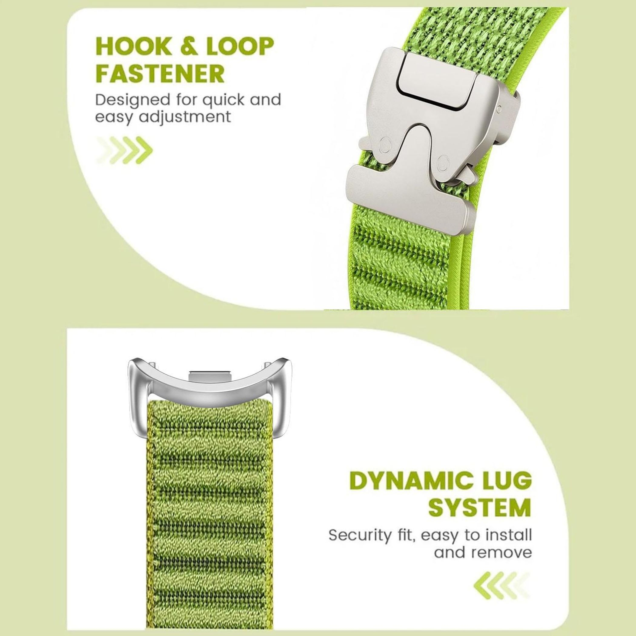 Grünes Armband mit Haken-und-Schleifen-Verschluss und dynamischem Ösensystem.