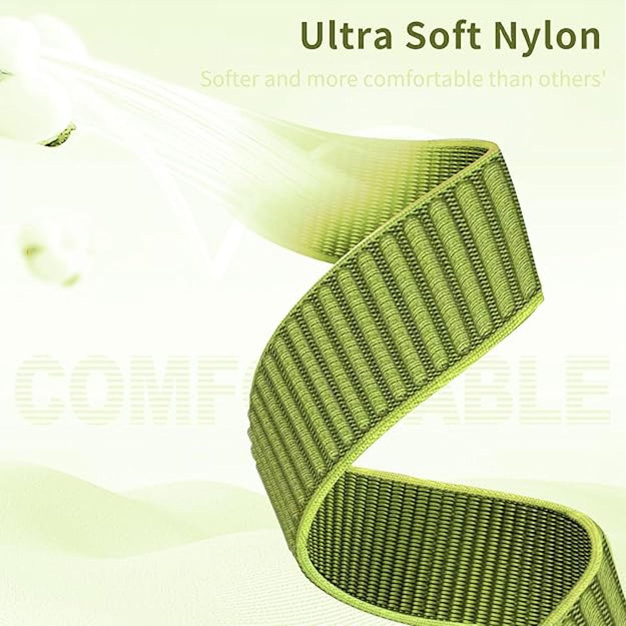 Grünes Nylongewebe mit Rillen, Text "Ultra Soft Nylon" oben.
