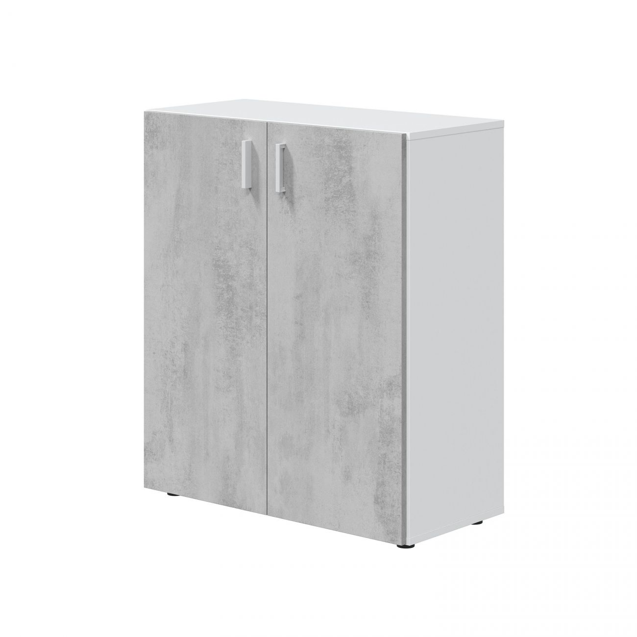 Un armario con dos puertas grises y tiradores blancos, sobre fondo blanco.