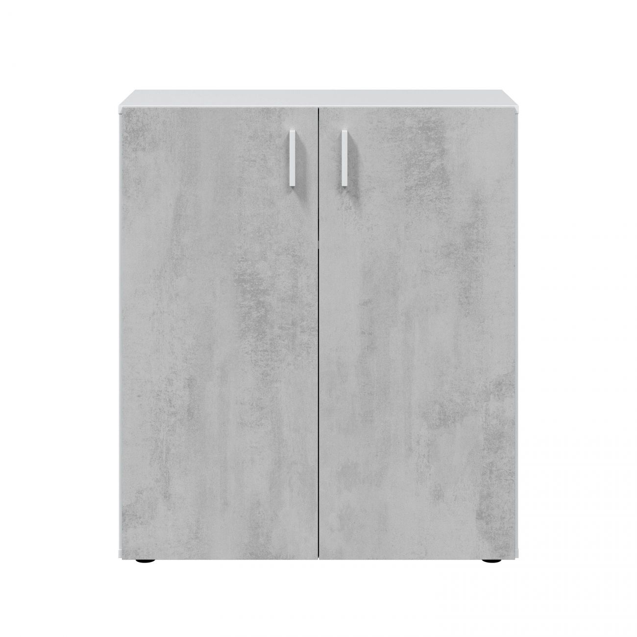 Un armario gris con dos puertas y tiradores plateados.