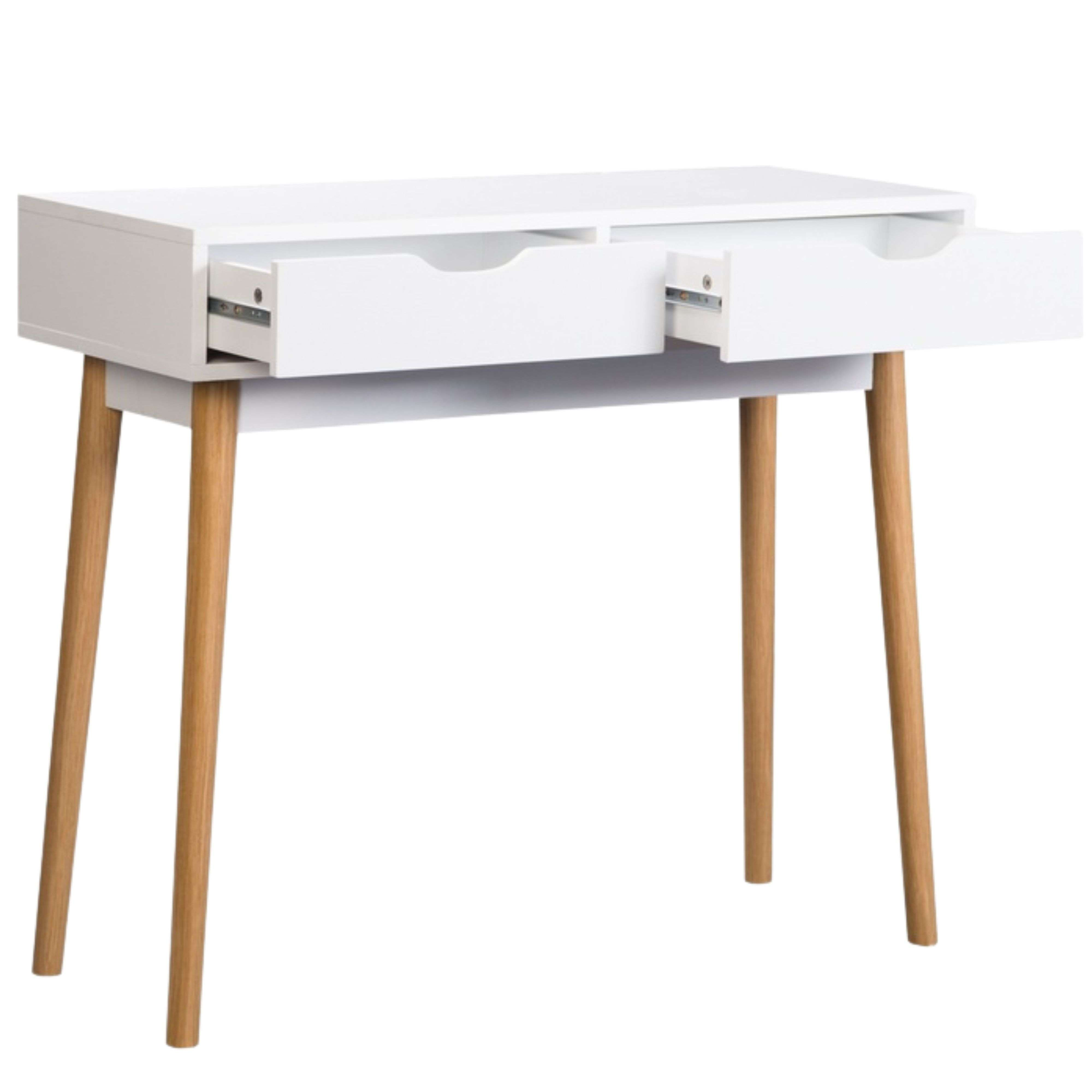 Un escritorio blanco con dos cajones y patas de madera.