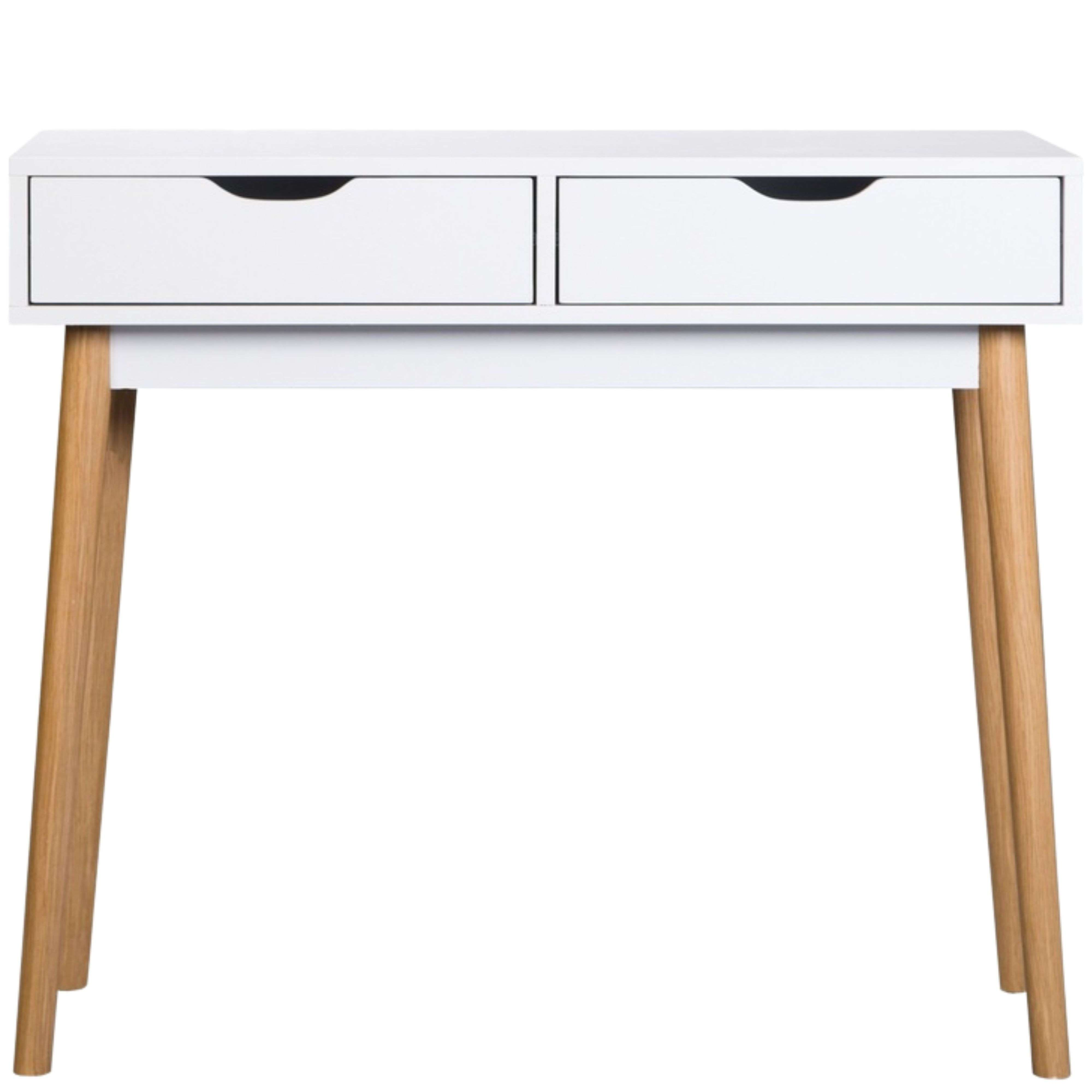 Escritorio blanco con dos cajones y patas de madera.