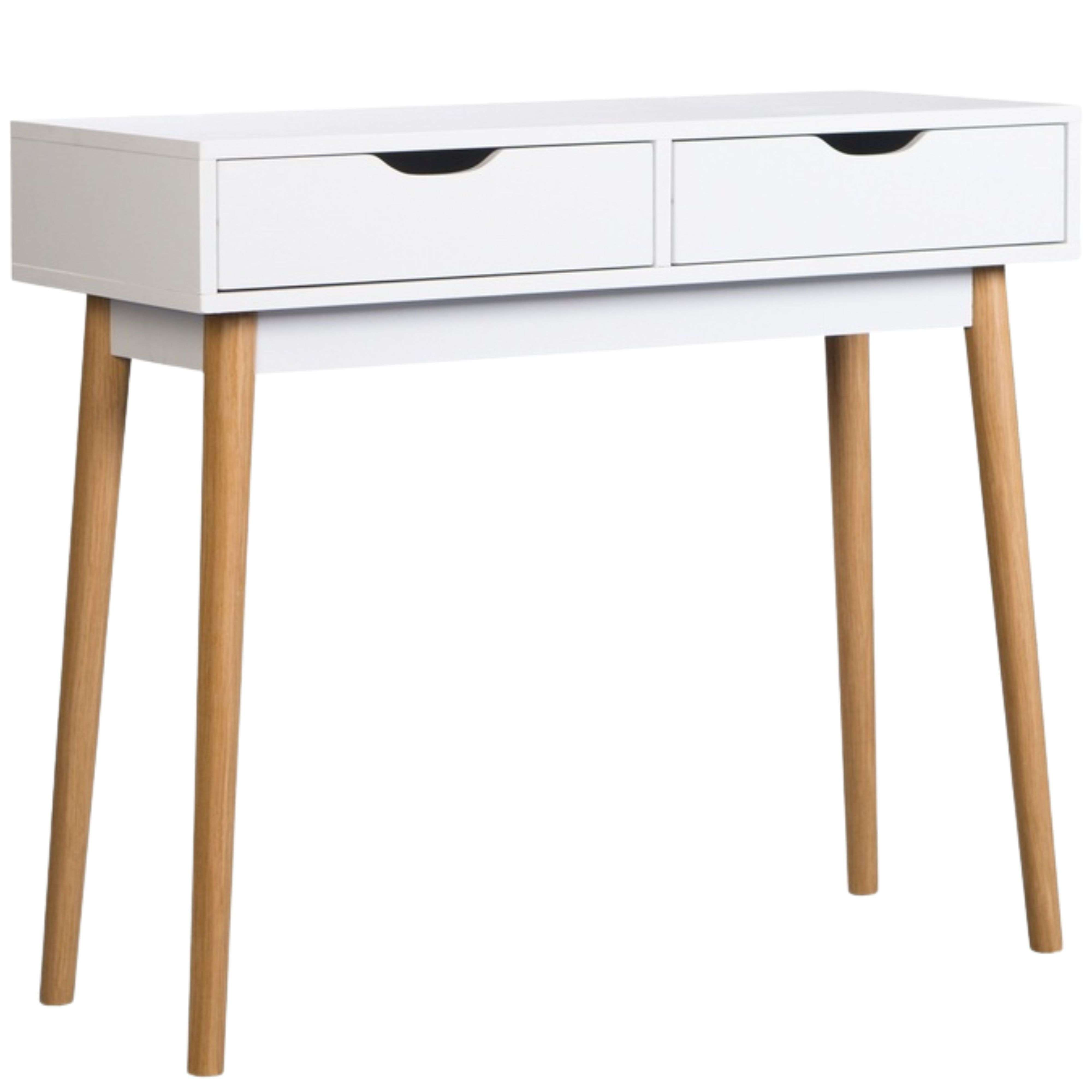 Un escritorio blanco con dos cajones y cuatro patas de madera.