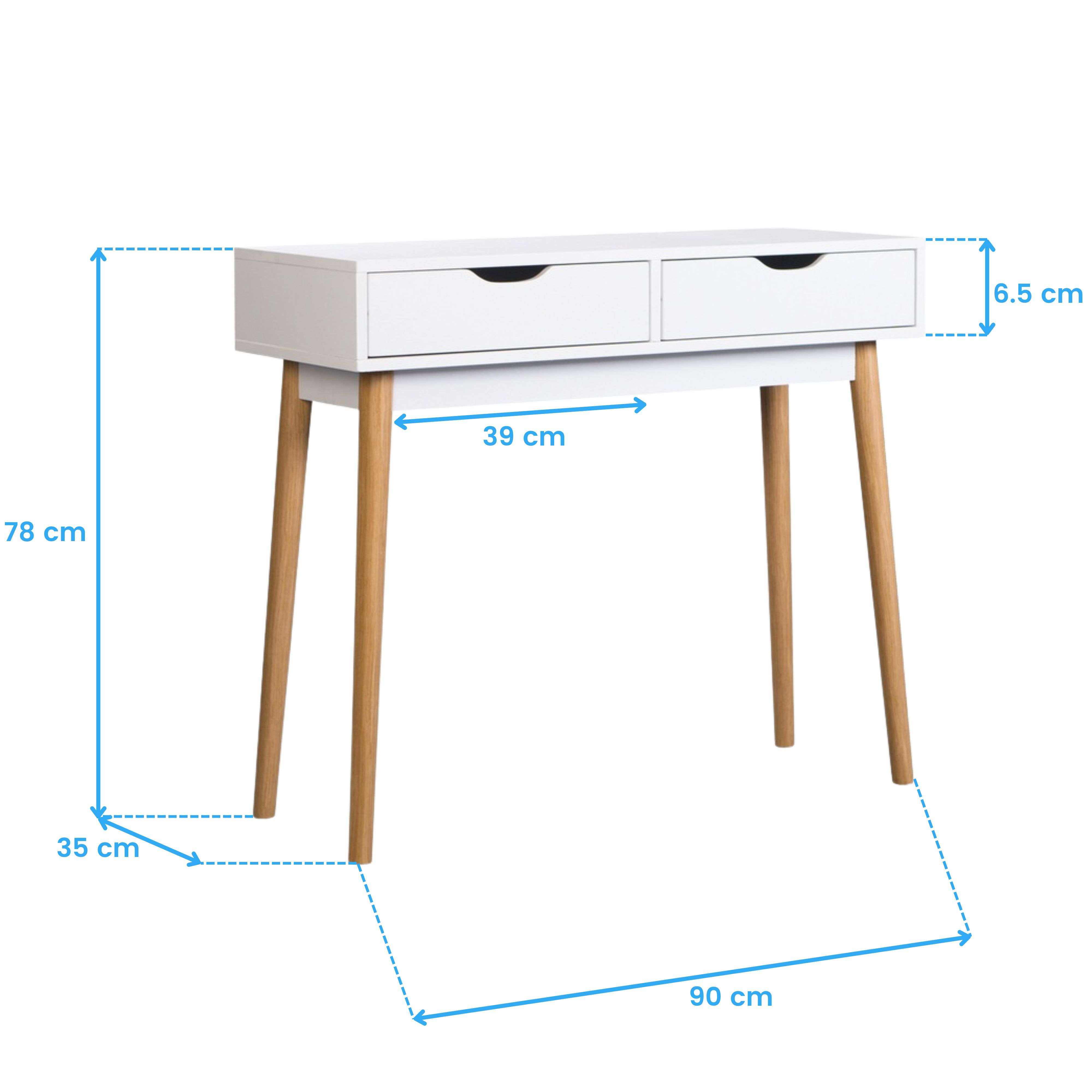 Escritorio blanco moderno con dos cajones y patas de madera. Dimensiones mostradas.