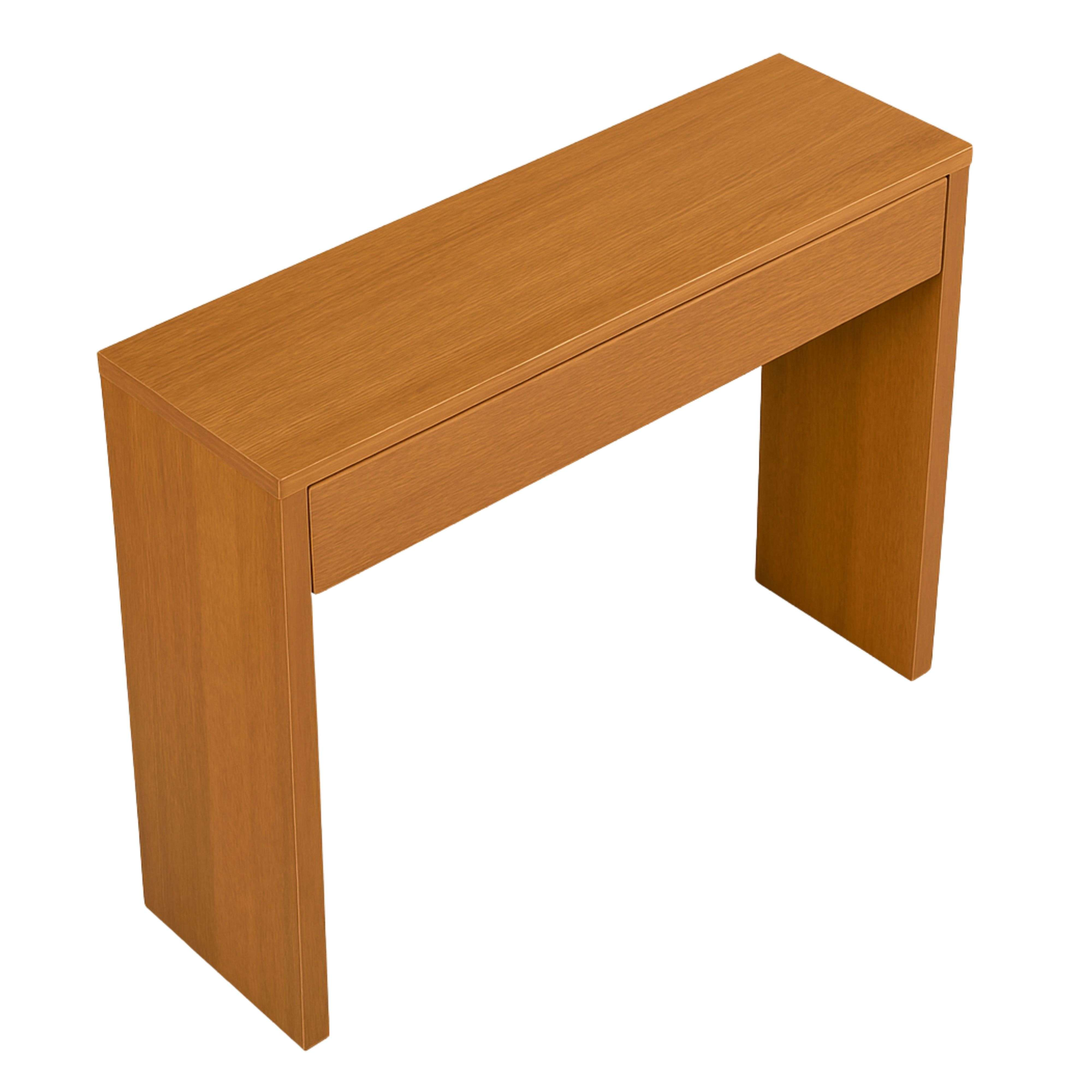 Una mesa consola estrecha de madera con un cajón.