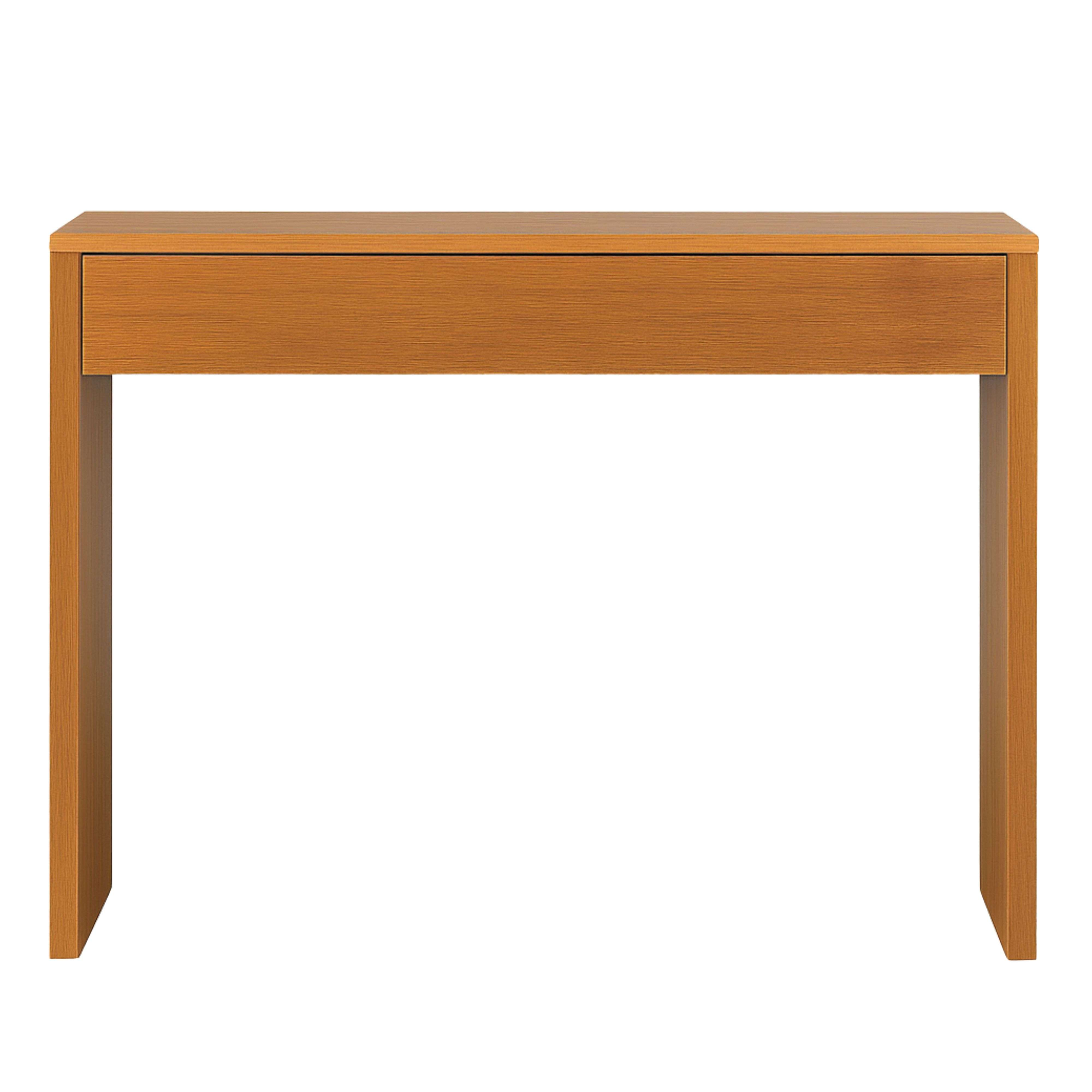 Una mesa estrecha de madera con un cajón, sobre patas blancas.