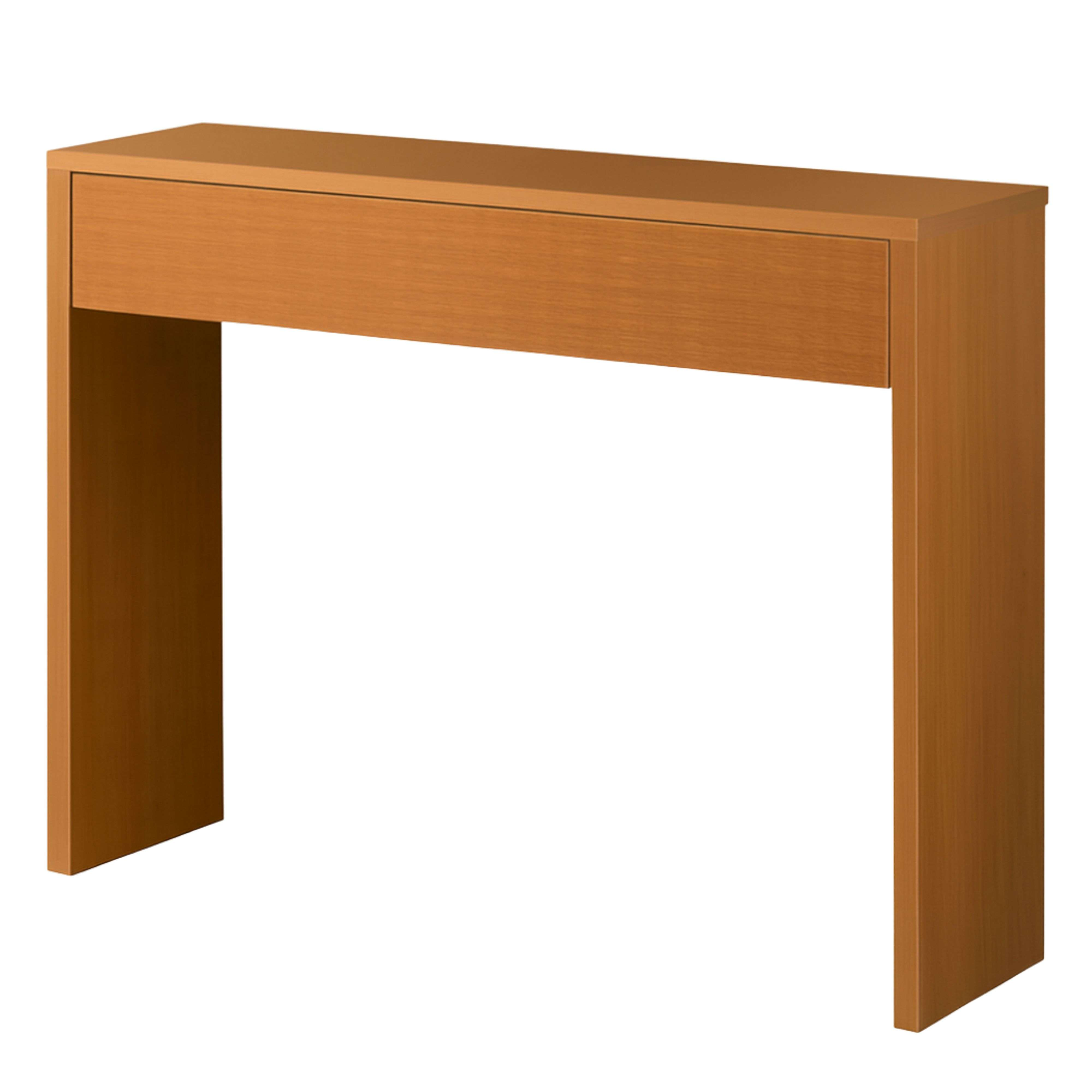 Una mesa consola estrecha de madera con un cajón se apoya en dos patas.