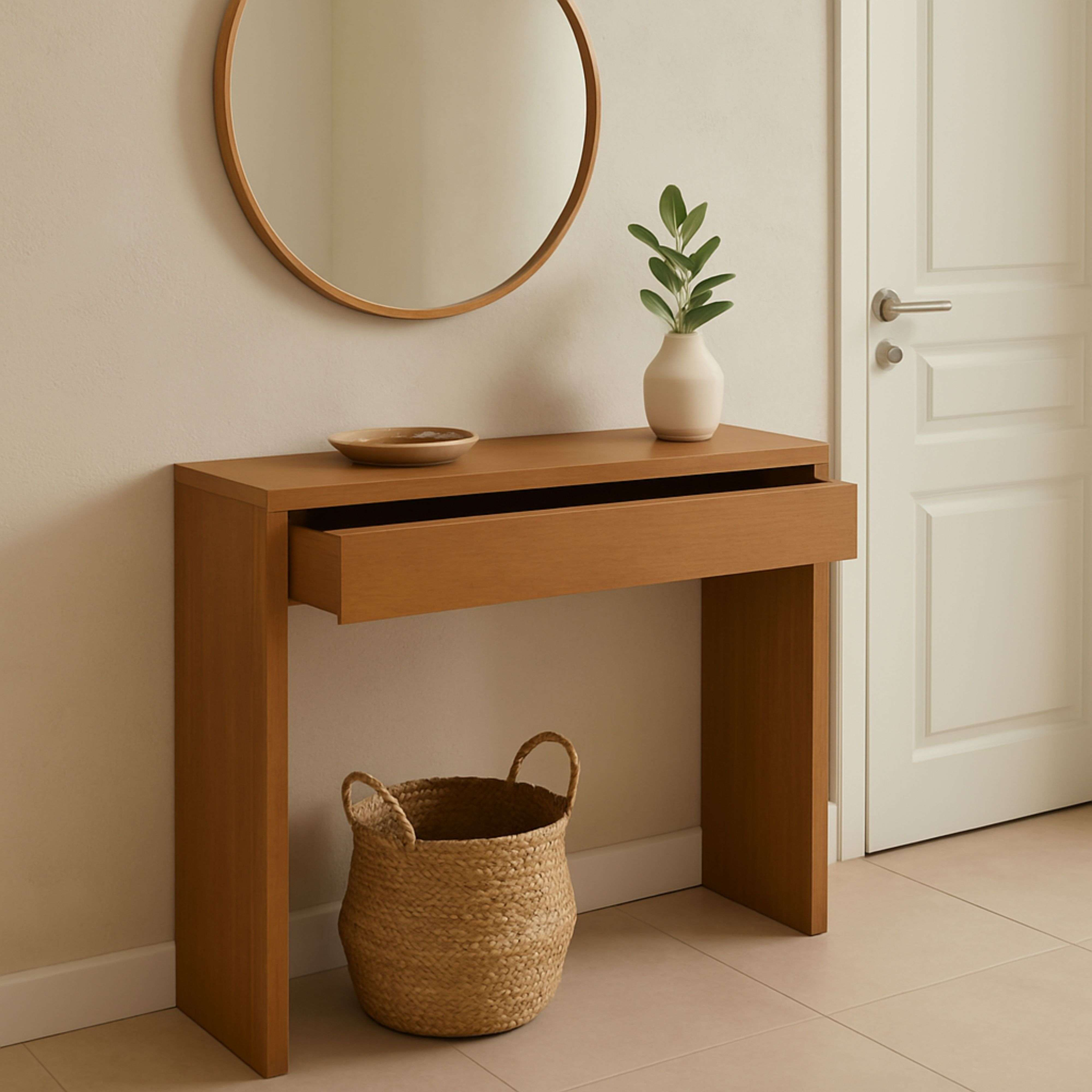Una consola de madera con espejo, jarrón y cesta.