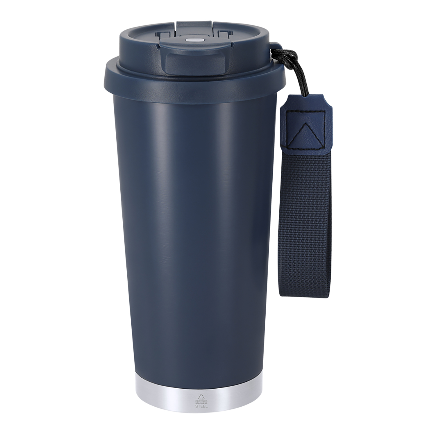 Dunkelblaue Thermoskanne mit silbernem Boden und Trageschlaufe.