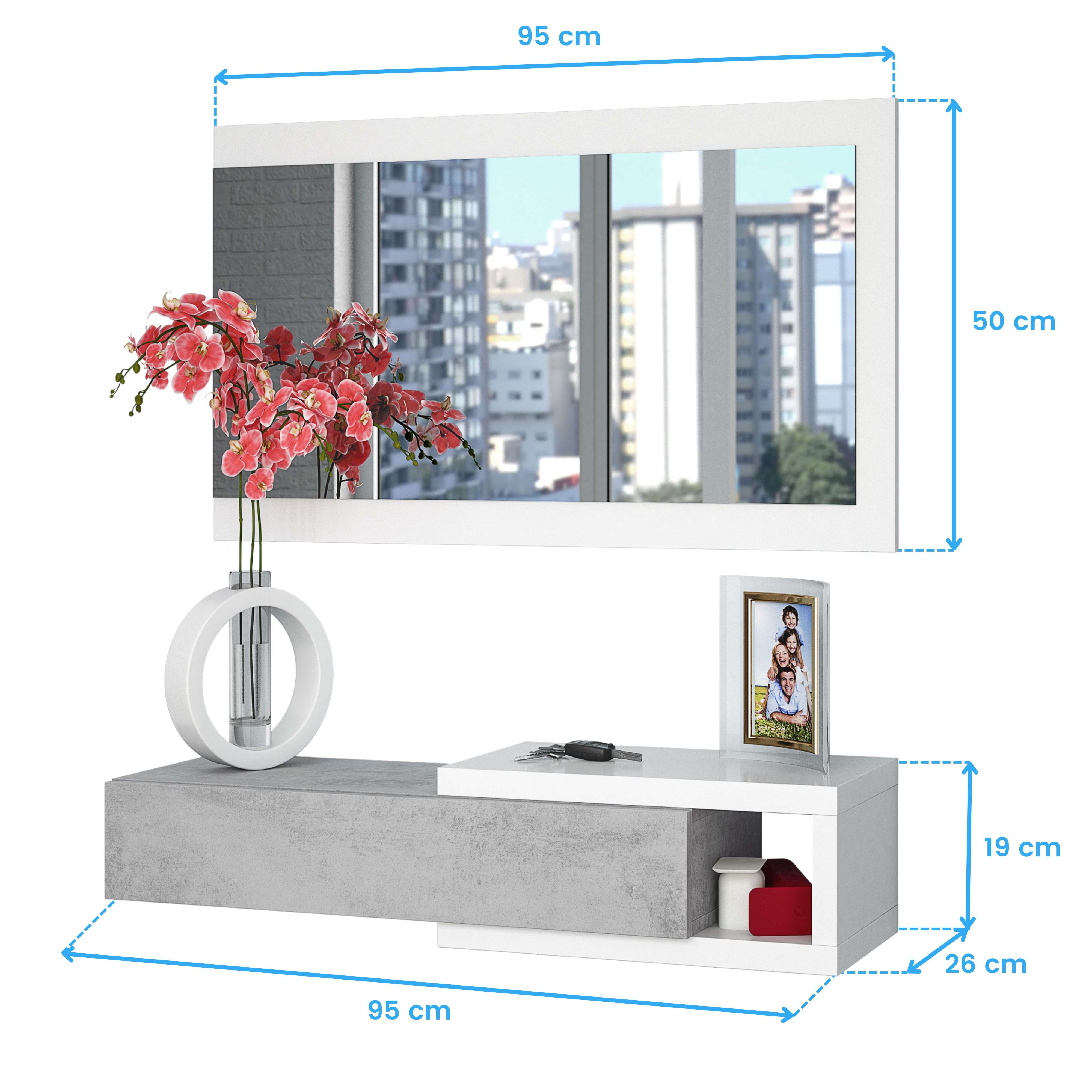 Espejo de pared moderno sobre aparador blanco y gris con flores y marco de fotos.