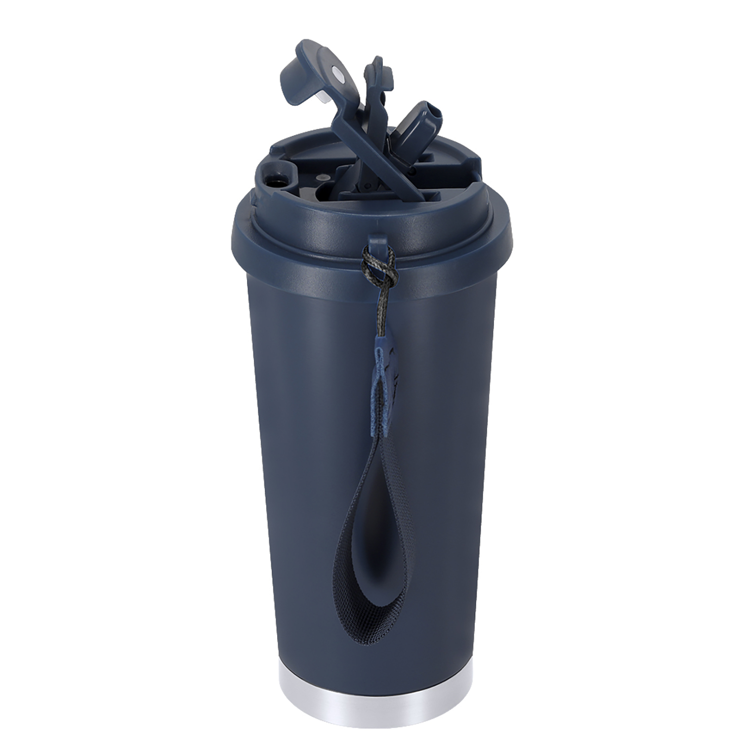 Dunkelblaue Thermoskanne mit silbernem Boden und offenem Deckel.