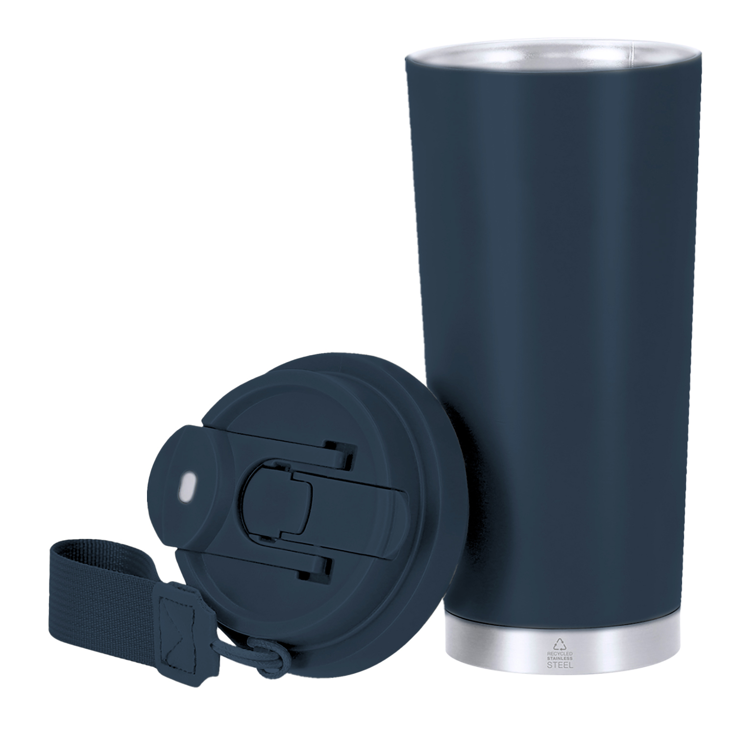 Eine dunkelblaue Thermoskanne mit silbernem Deckel und Band, daneben der abgenommene Deckel.